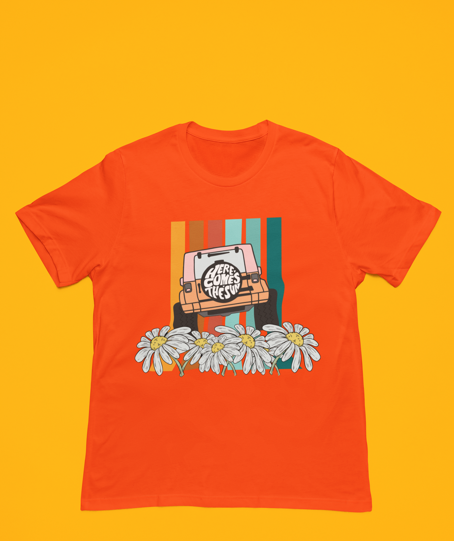 A orange t-shirt with a vibrant, retro-style floral pattern in shades of red, mustard, and green