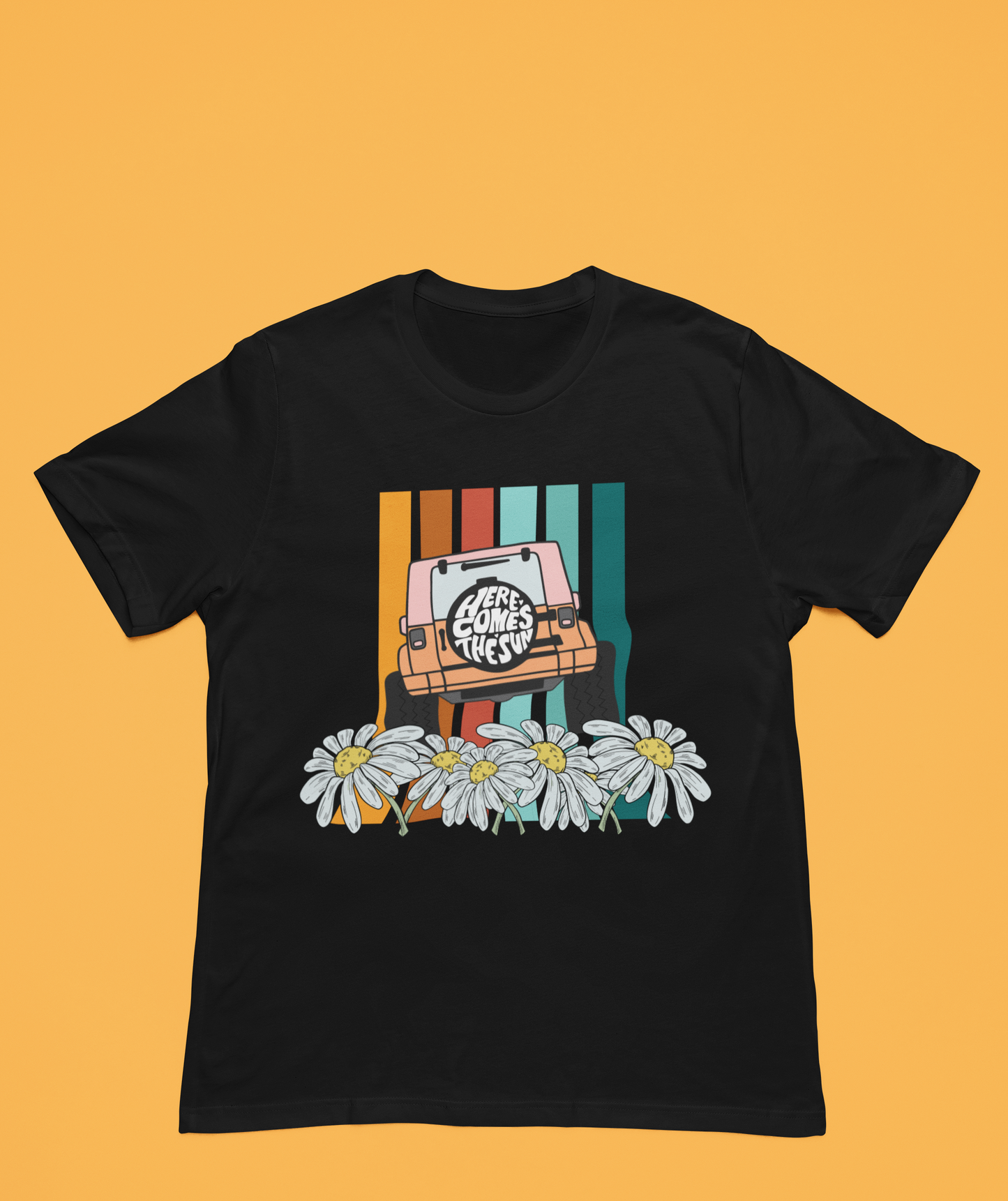 A black t-shirt with a vibrant, retro-style floral pattern in shades of red, mustard, and green