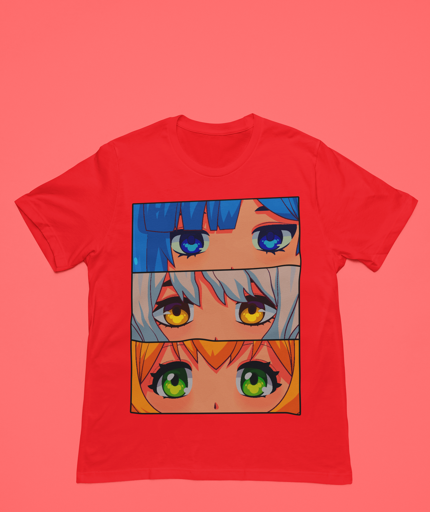 A red t-shirt with a burst of colors in the form of mesmerizing anime eye artwork.