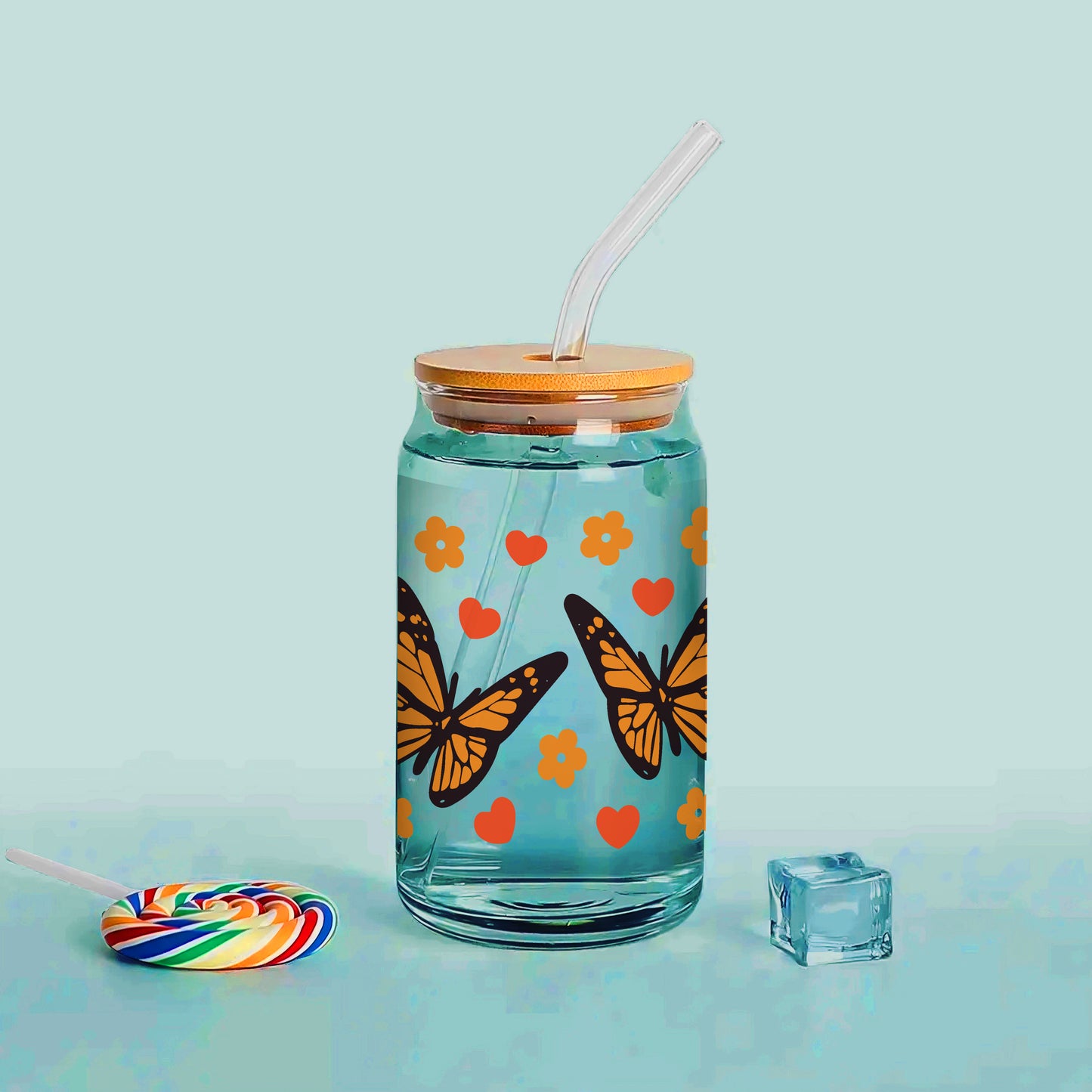 Butterflies Printed 16oz Glass Can