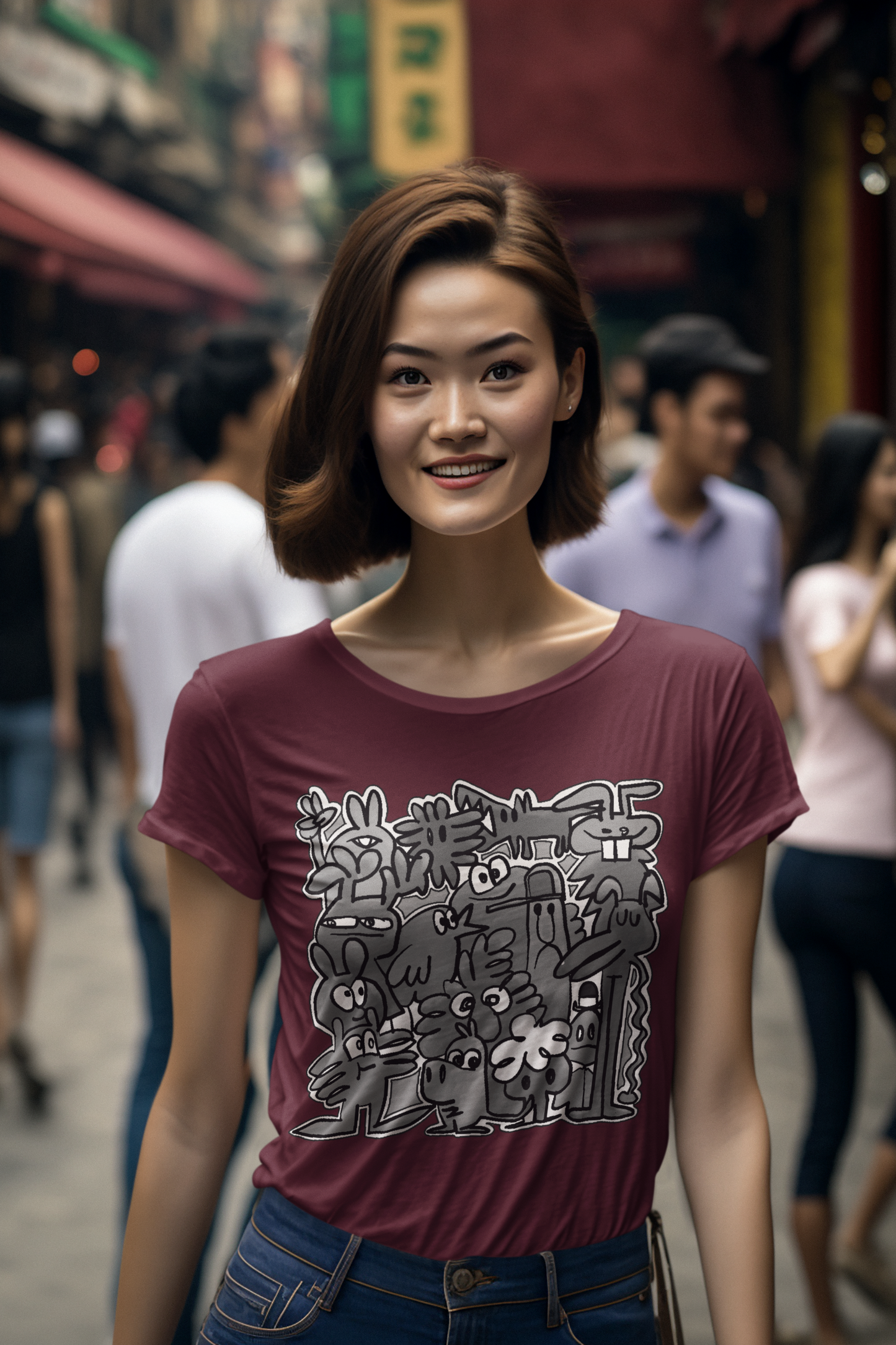 A happy women wearing a maroon t-shirt with grayscale cartoon character stuck in a gray area of emotions, featuring both sadness and confusion