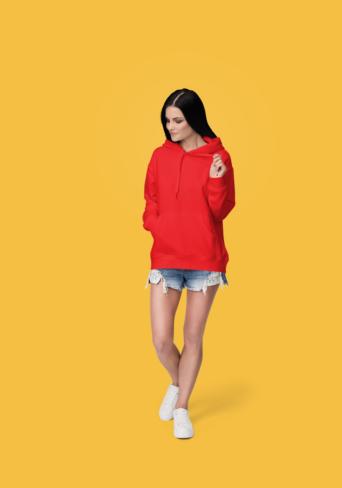 A red mid-weight hoodie perfect for daily wear, tailored for women.