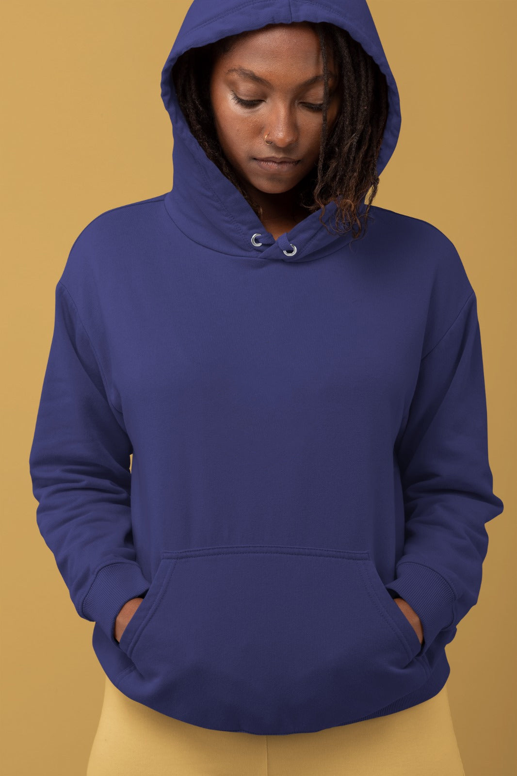 A navy blue mid-weight hoodie perfect for daily wear, tailored for women.