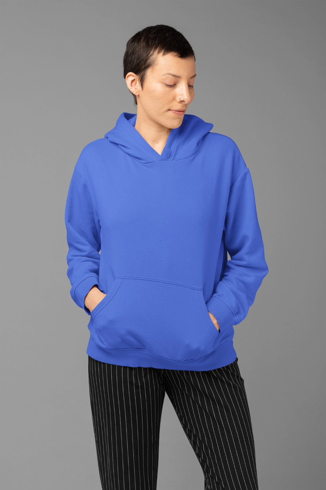 A royal blue mid-weight hoodie perfect for daily wear, tailored for women.