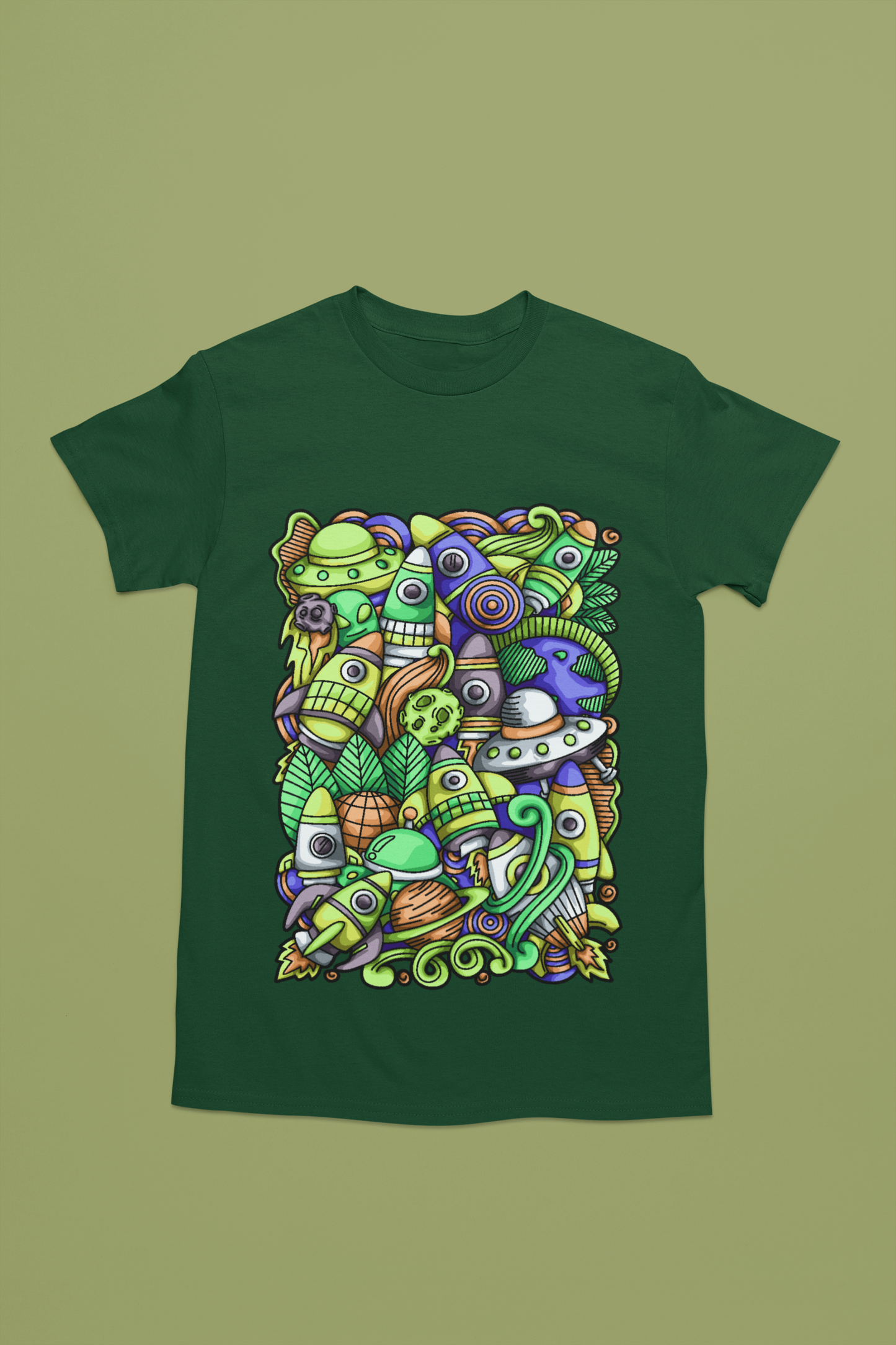 Colorful alien rocket printed on green t-shirt.