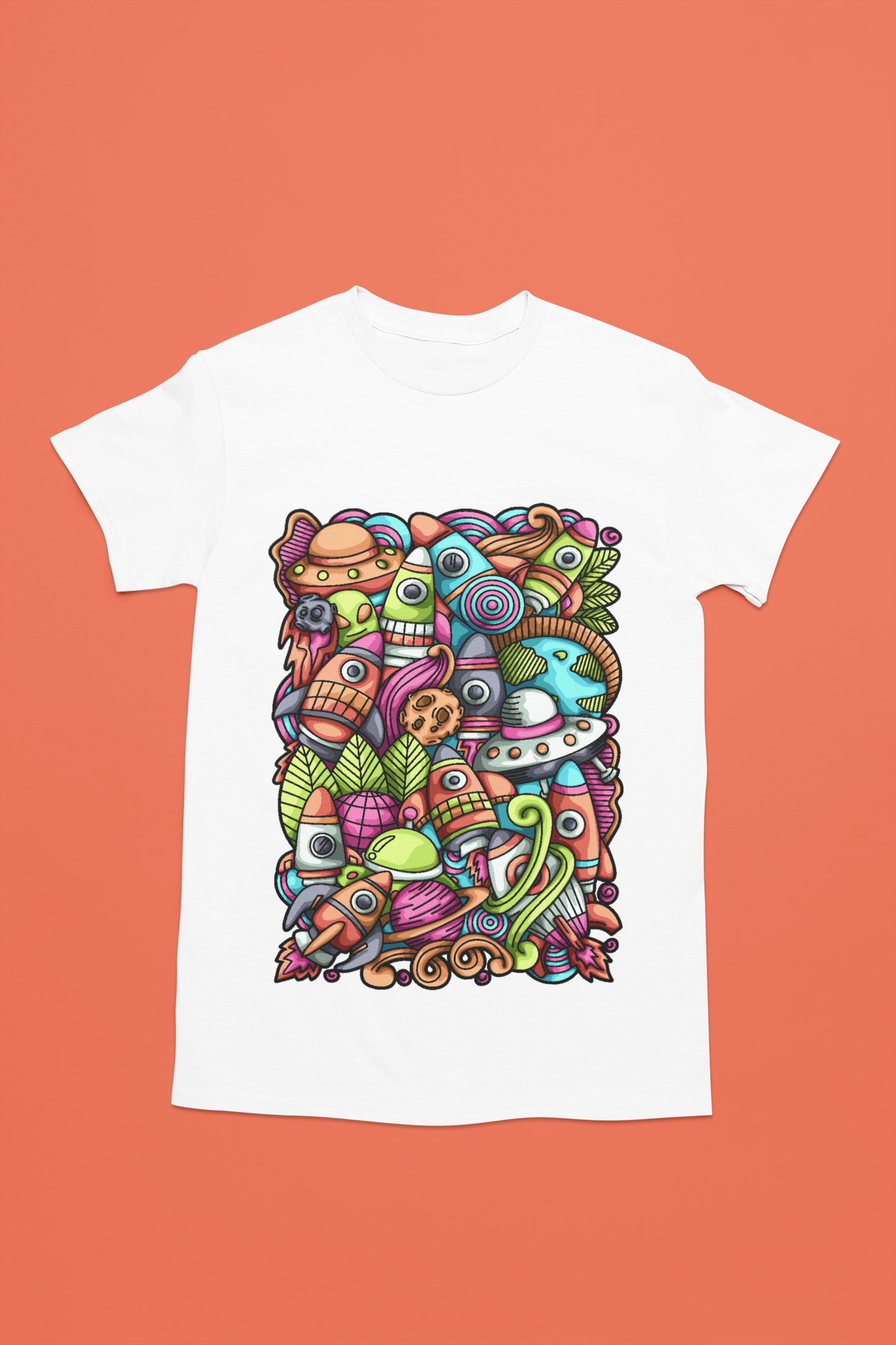 Colorful alien rocket printed on white t-shirt.