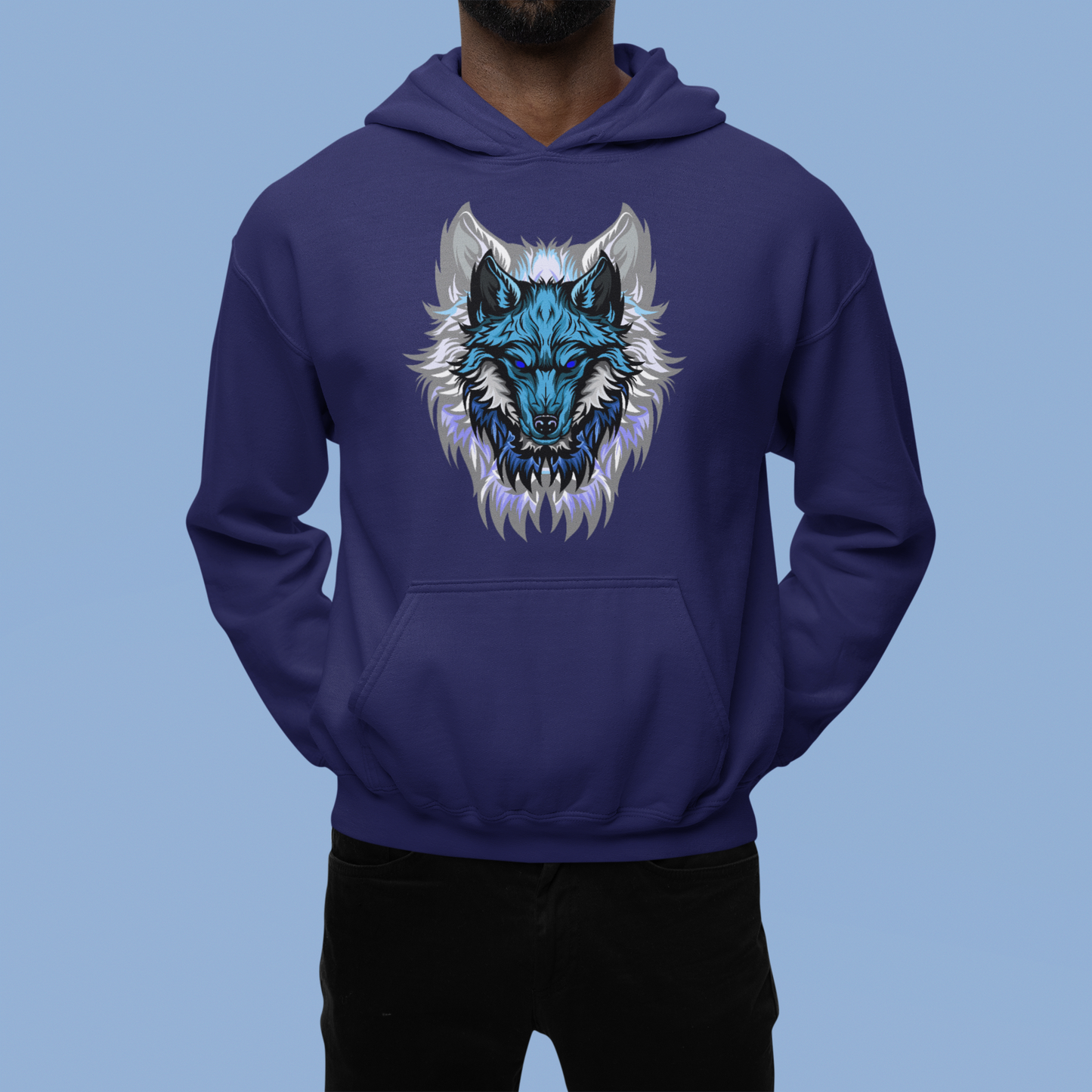 A men wearing a navy blue hoodie with captivating scene of a wolf howling amidst swirling flames, evoking a sense of primal energy.