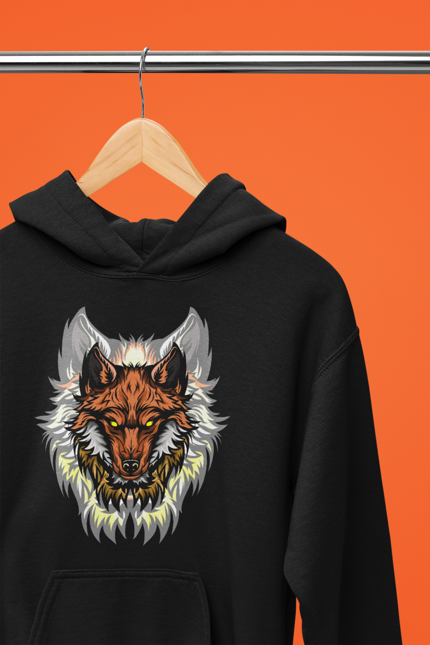 A black hoodie with captivating scene of a wolf howling amidst swirling flames, evoking a sense of primal energy.