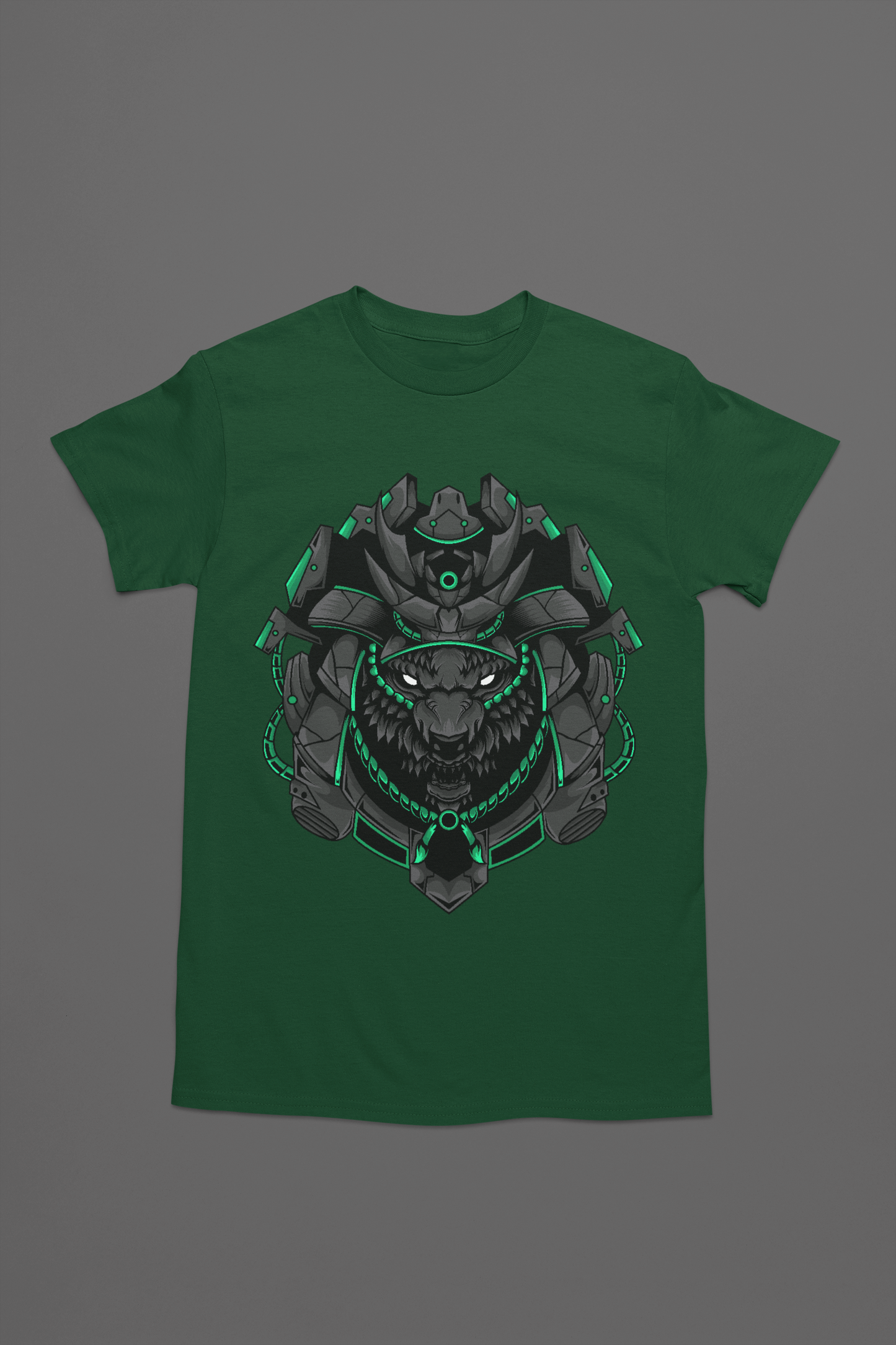 A forest green spine-chilling tee with a horrifying wolf donning a robotic crown for an edgy look.