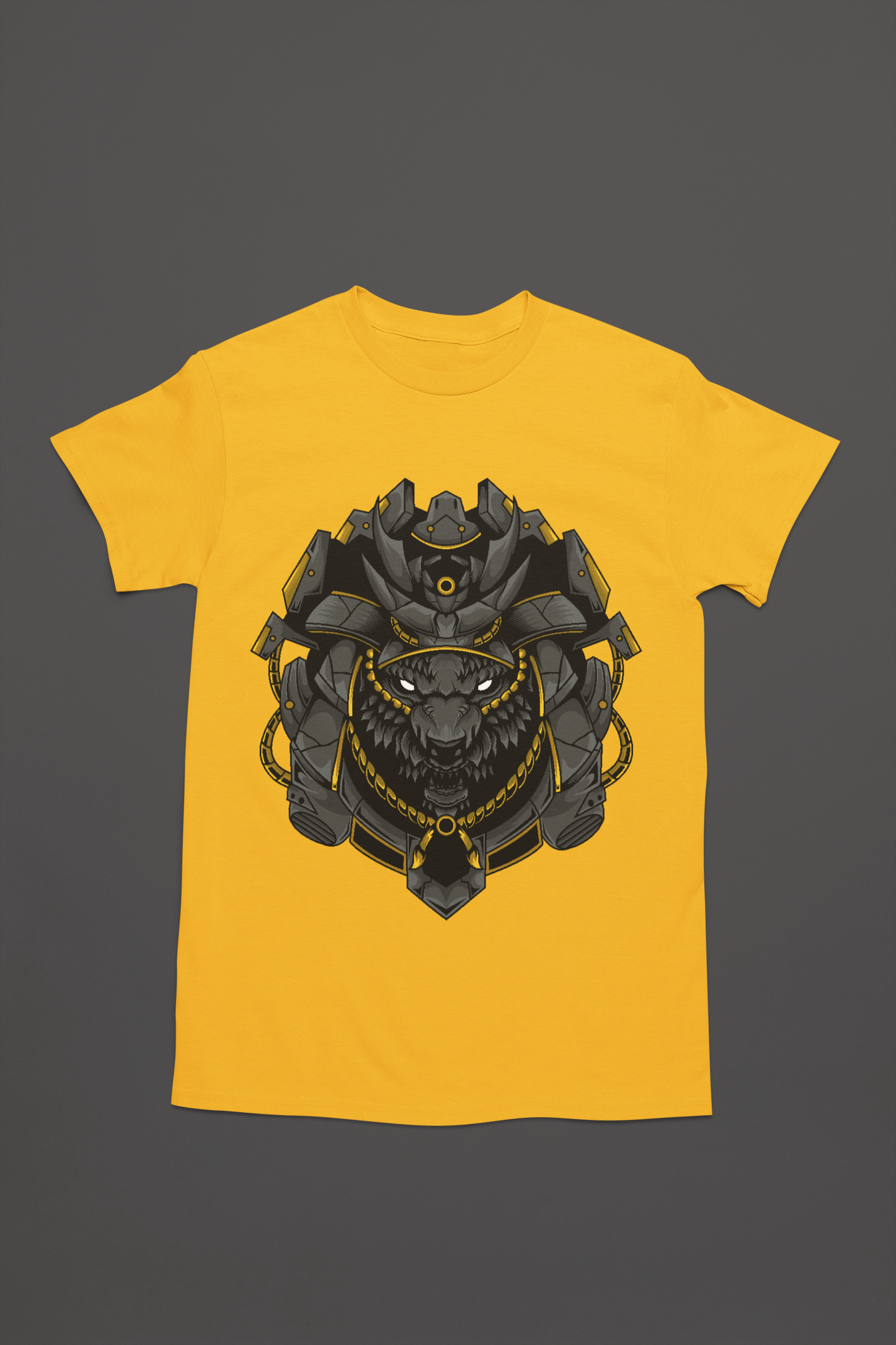 A mustard tee that embodies chaos and darkness with its menacing wolf and robotic crown