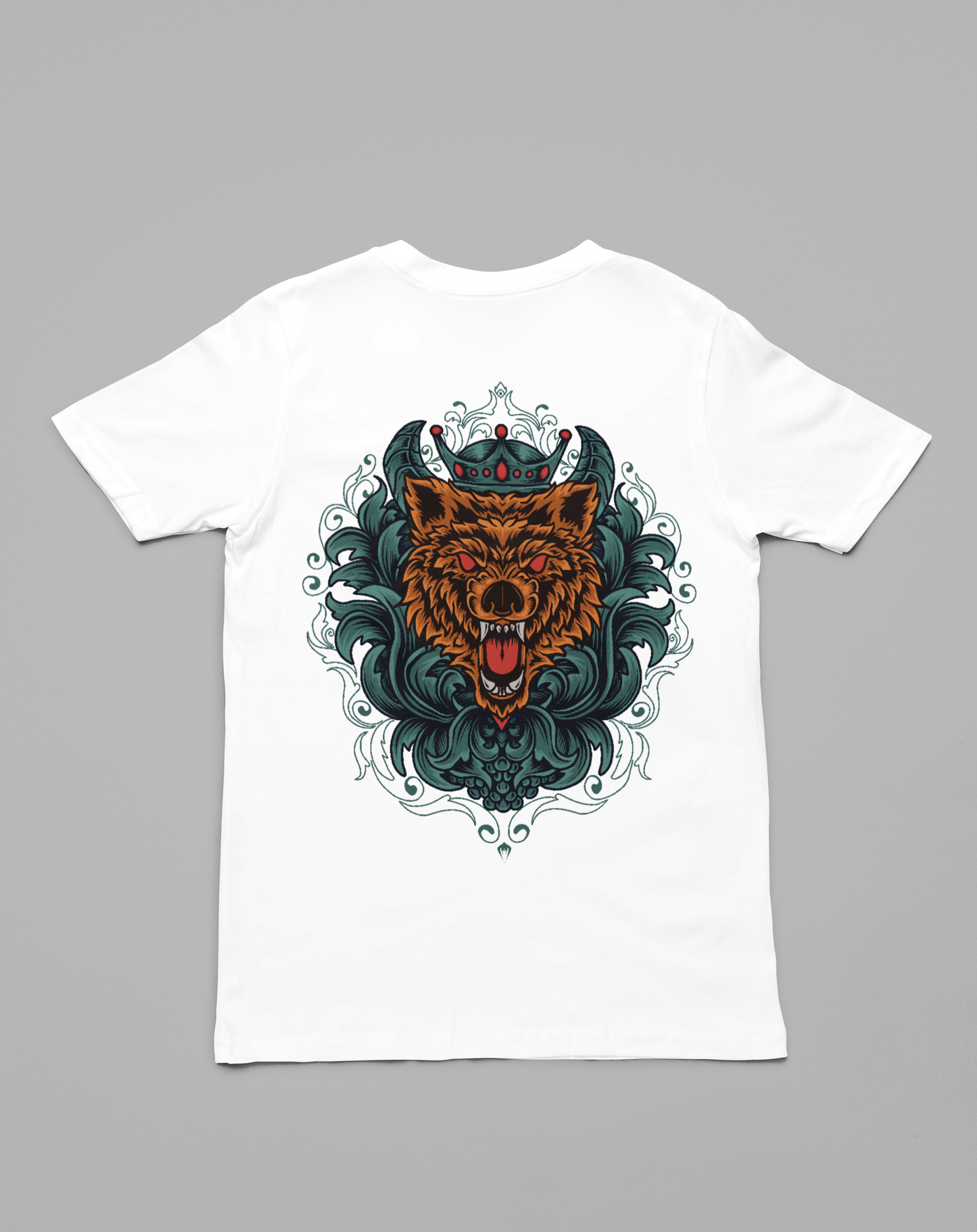 Bear fear with red eyes printed on white t-shirt.