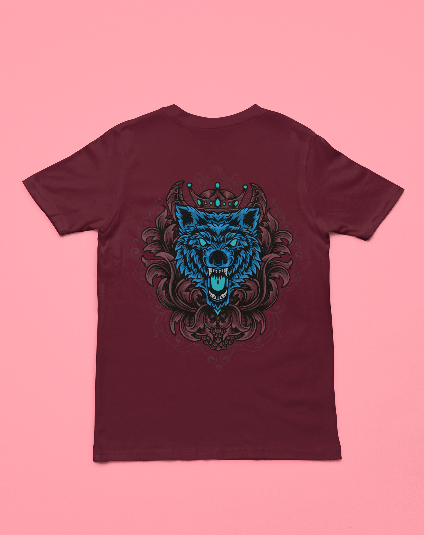 Scary blue bear printed on maroon t-shirt back.