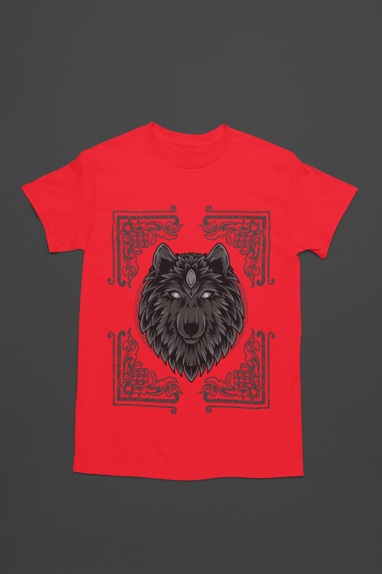 A red t-shirt with regal wolf adorned with Egyptian motifs, framed within a decorative card design.