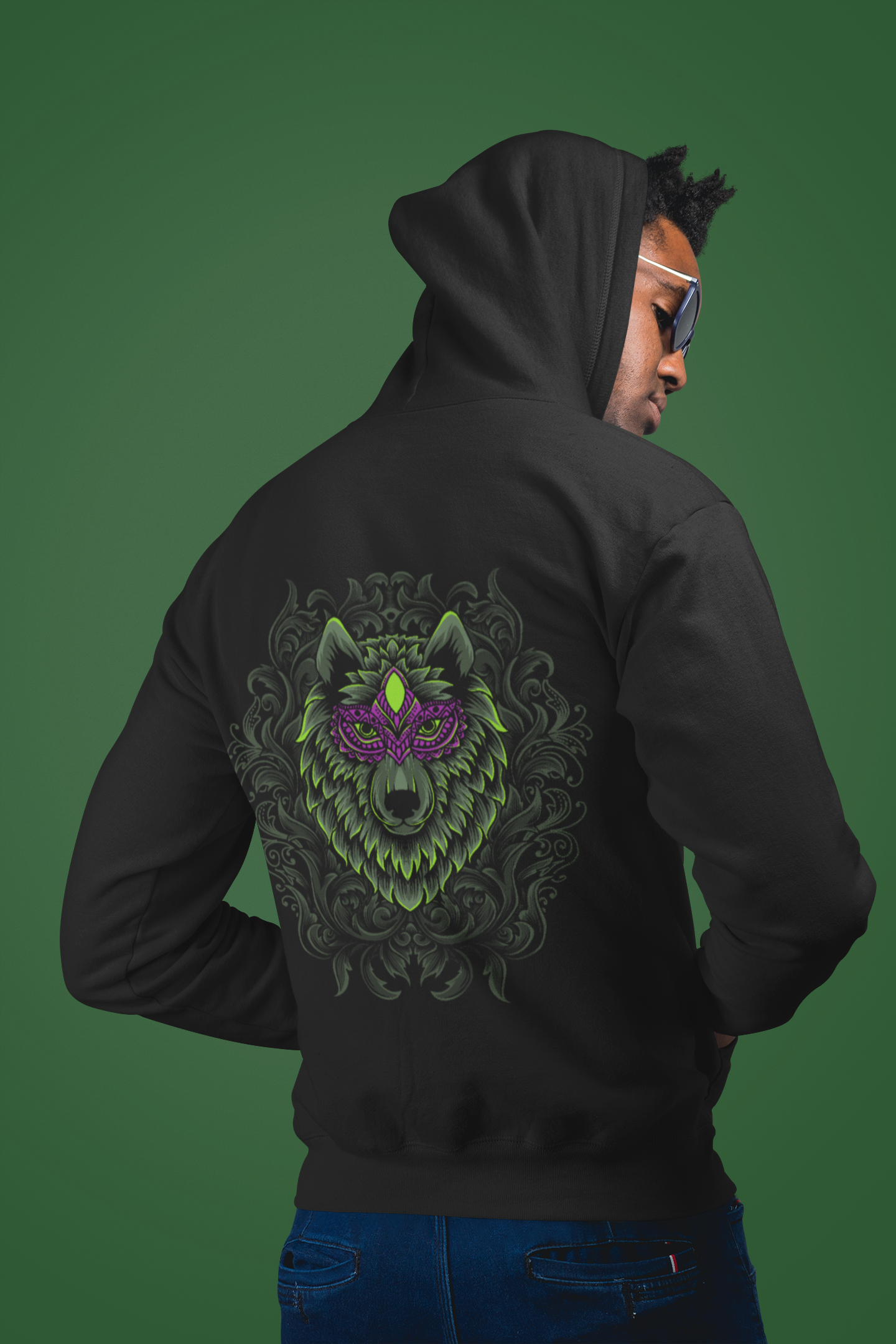 A men wearing a black fashionable hoodie showcasing the elegance and might of Wepwawet, the ancient Egyptian god.