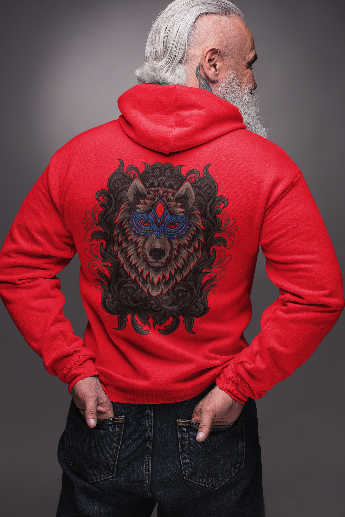 A men wearing a red color fashionable hoodie showcasing the elegance and might of Wepwawet, the ancient Egyptian god.