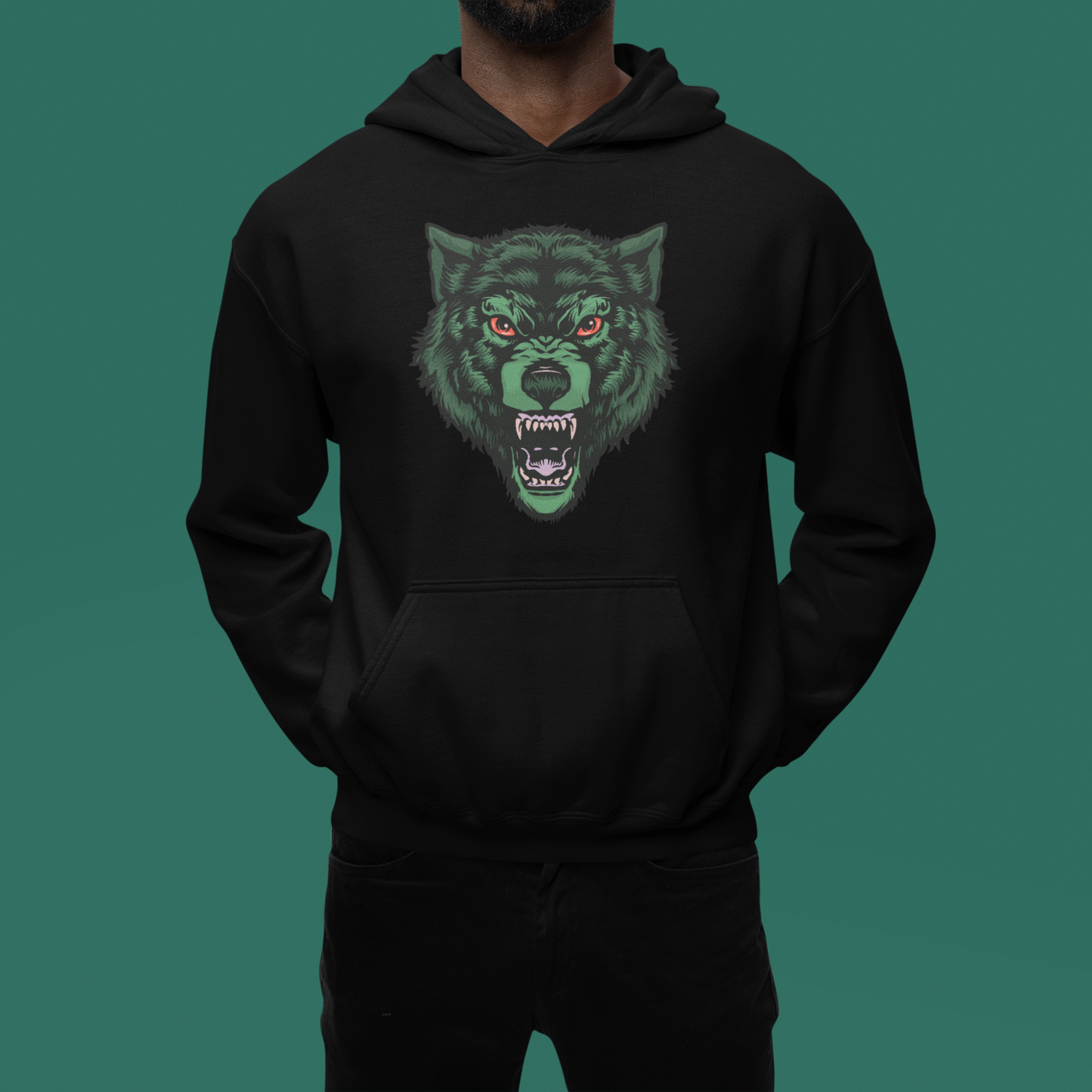 A black hoodie featuring blood-stained bear with sinister, glowing eyes and sharp, menacing teethes.