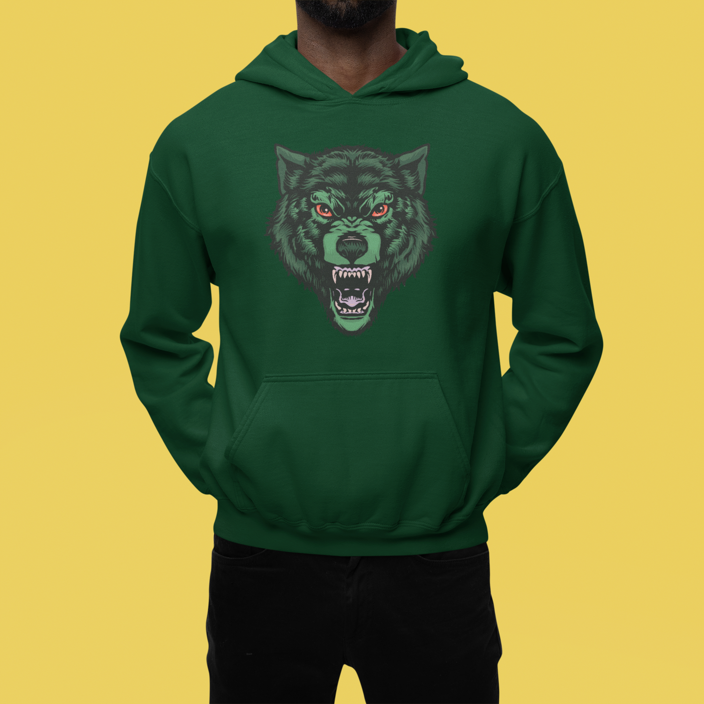 A forest green hoodie featuring blood-stained bear with sinister, glowing eyes and sharp, menacing teethes.
