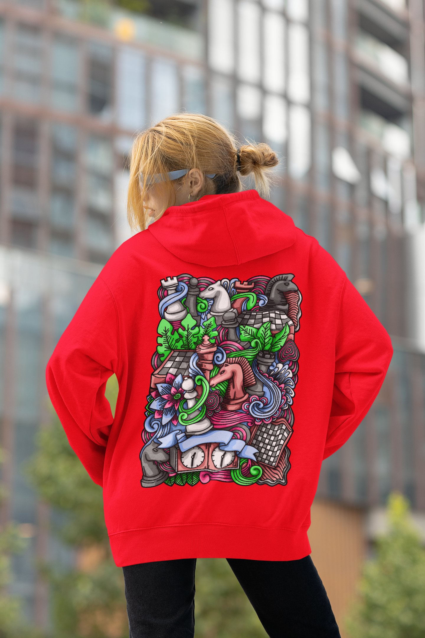 Girl with oversize cool printed hoodie in red color
