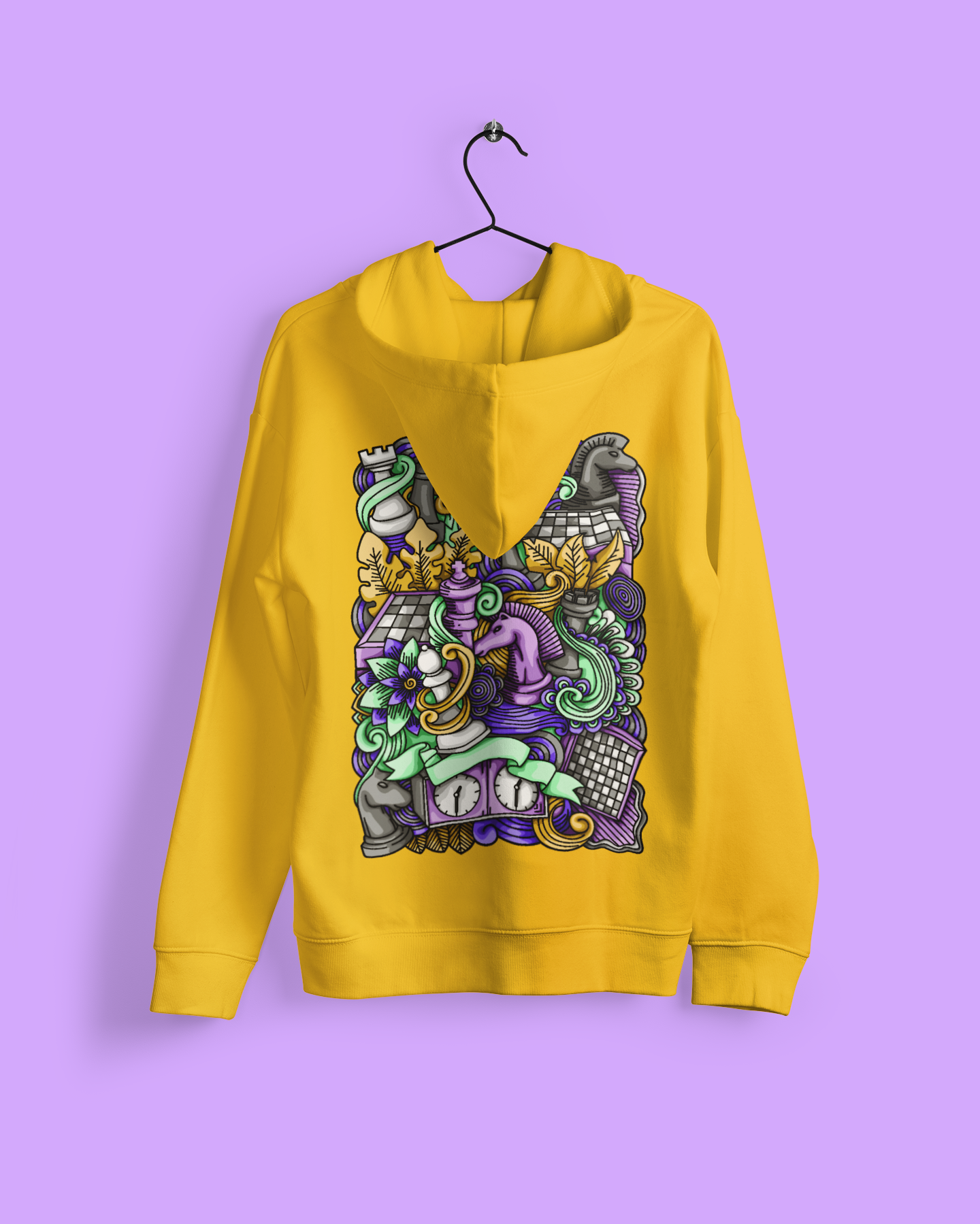 Cool chess mess back printed hoodie in mustard color