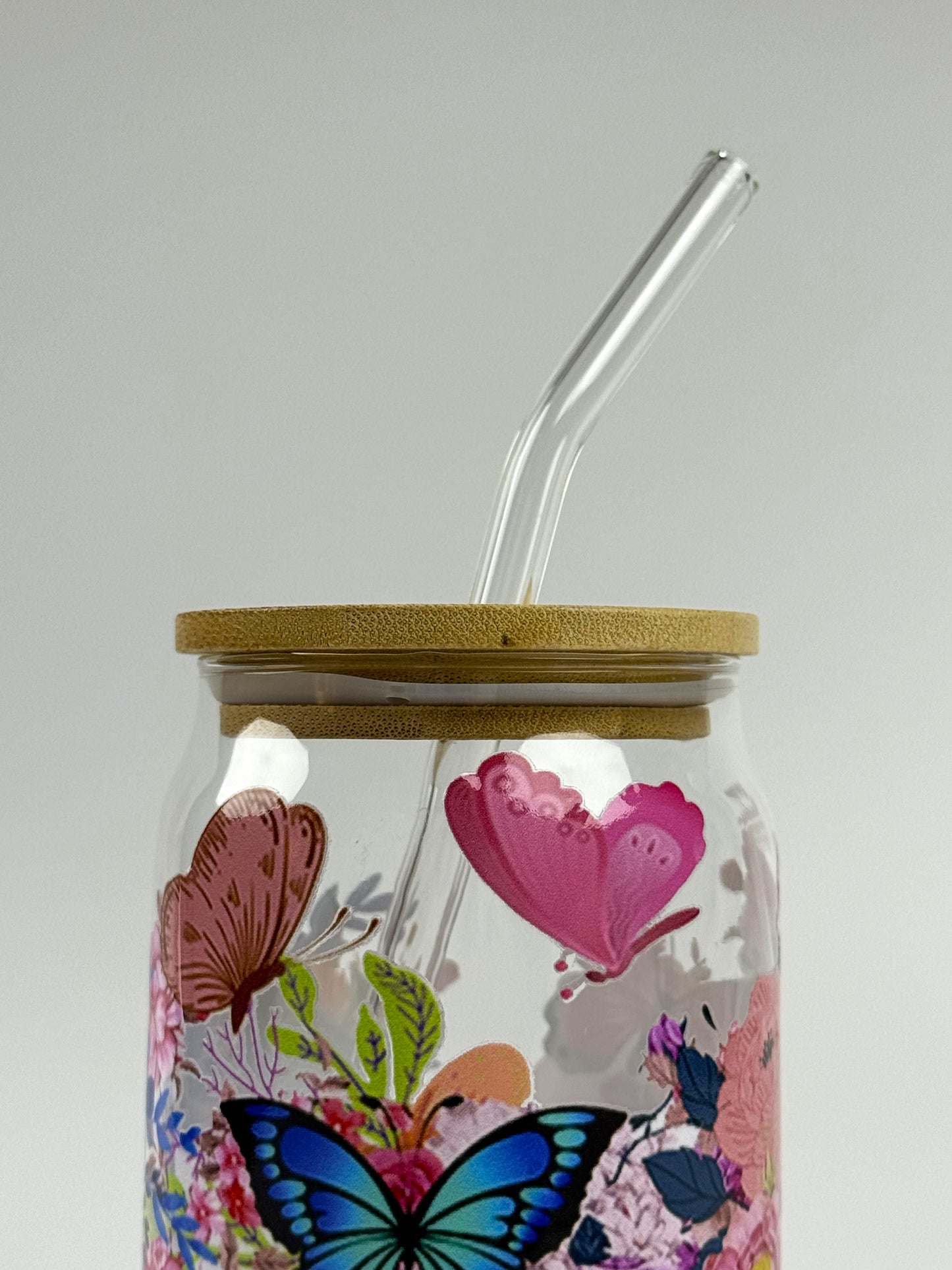 Floral Butterflies Printed 16oz Glass Can