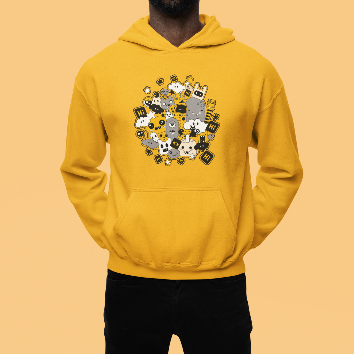 A men wearing a hoodie with playful and mischievous cartoon character, arms outstretched, ready for fun and adventure.