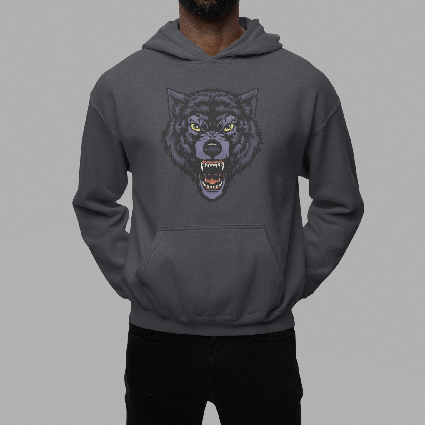 A charcoal hoodie featuring blood-stained bear with sinister, glowing eyes and sharp, menacing teethes.