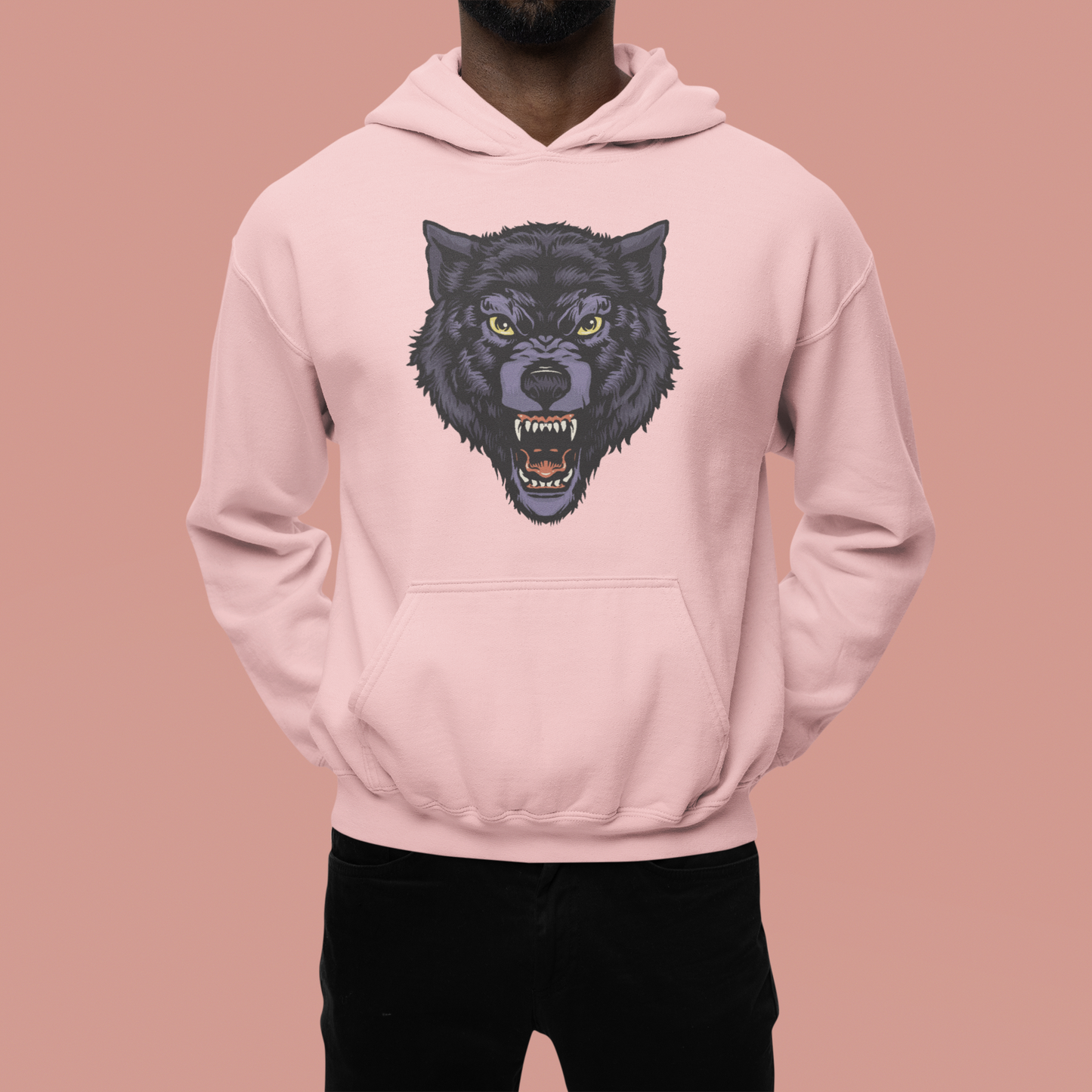 A light pink hoodie featuring blood-stained bear with sinister, glowing eyes and sharp, menacing teethes.