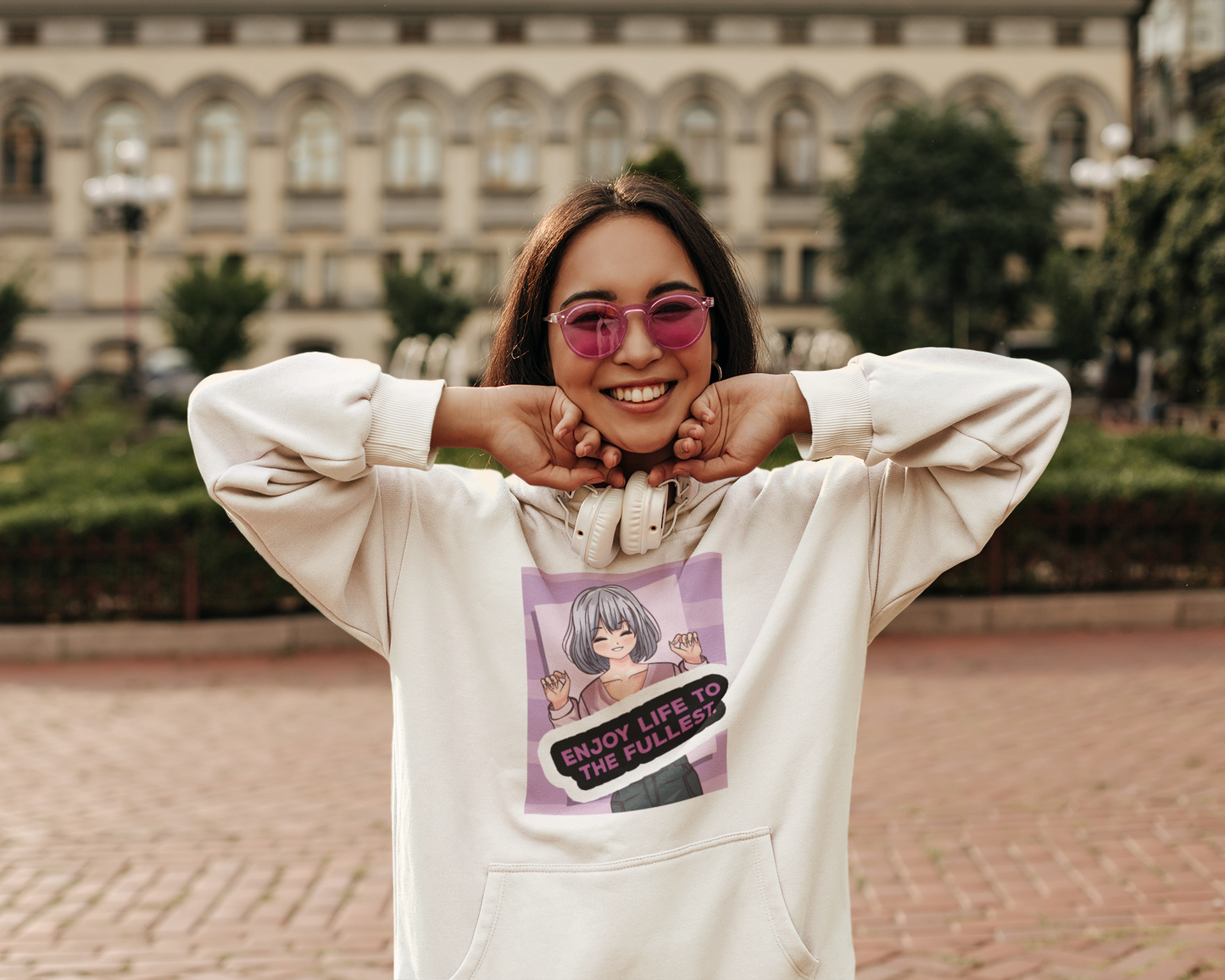 Happy girl wearing white happy anime character hoodie
