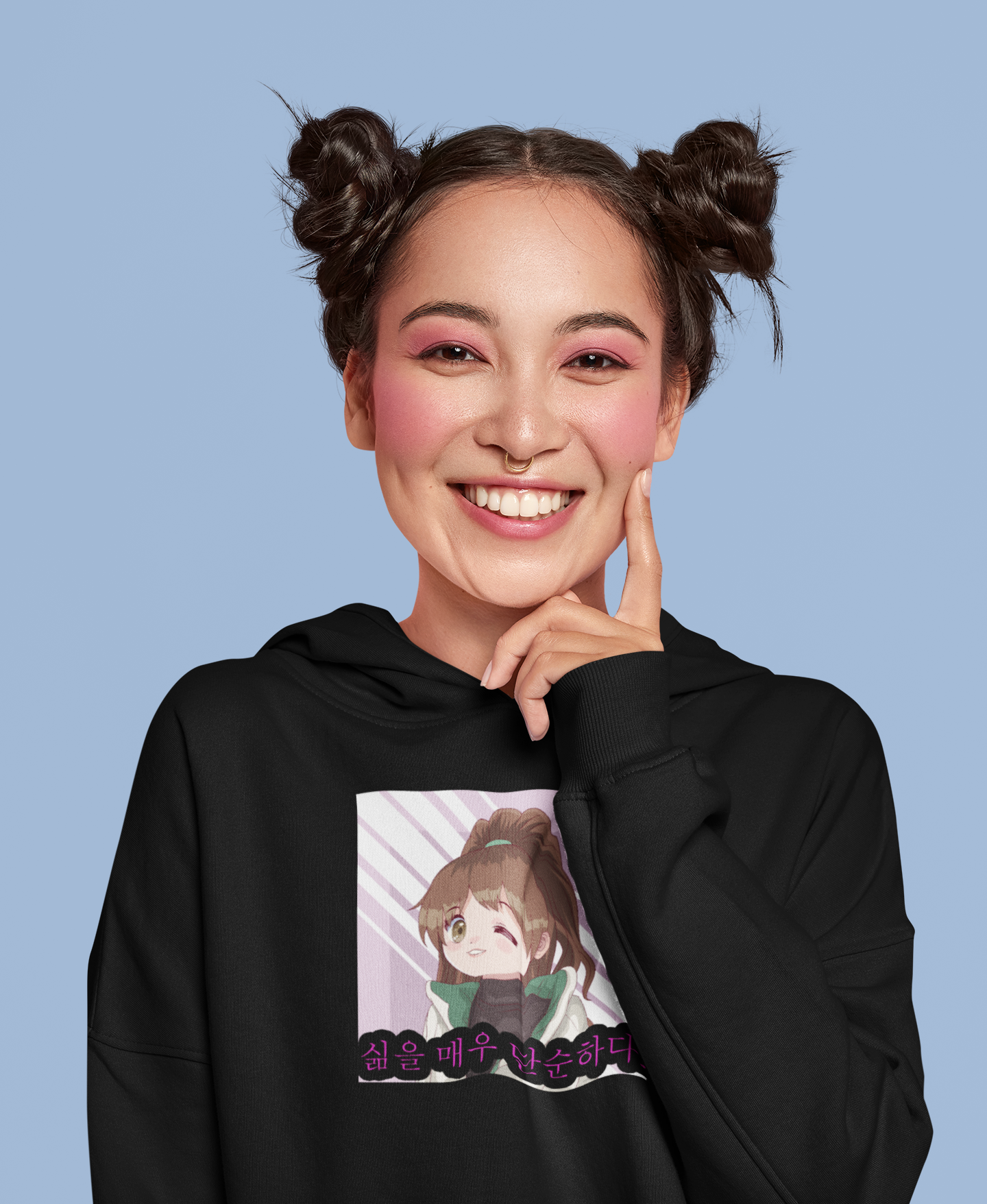 Smiling girl wearing black pretty hoodie
