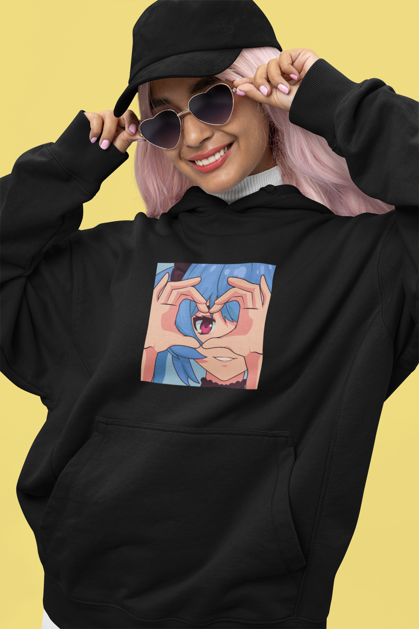 Stylish girl wearing black anime character hoodie