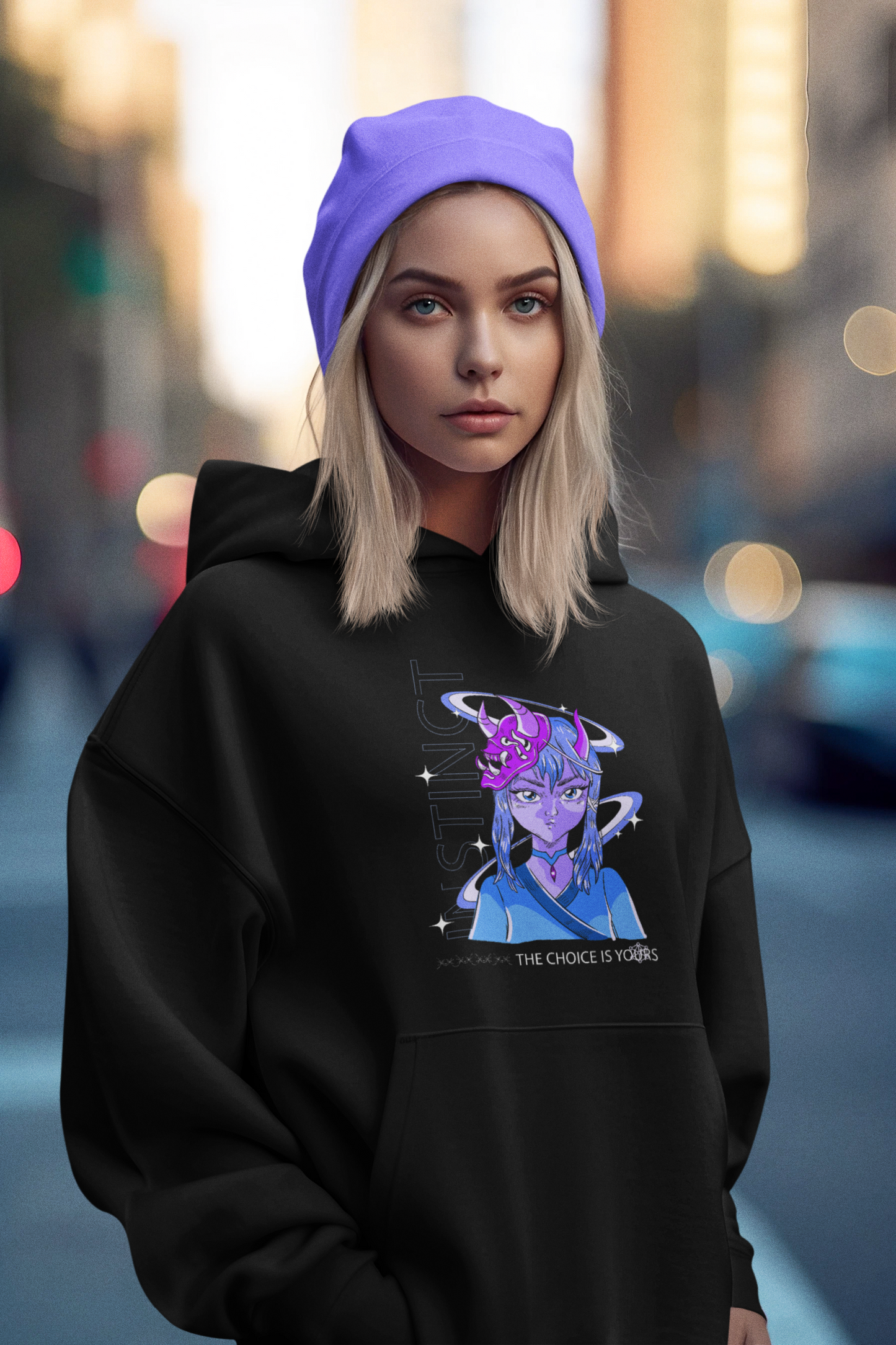Cute blond girl wearing anime character hoodie