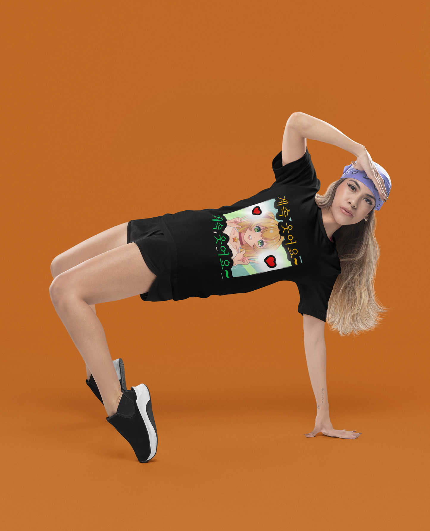 Dancing girl wearing anime character printed t-shirt