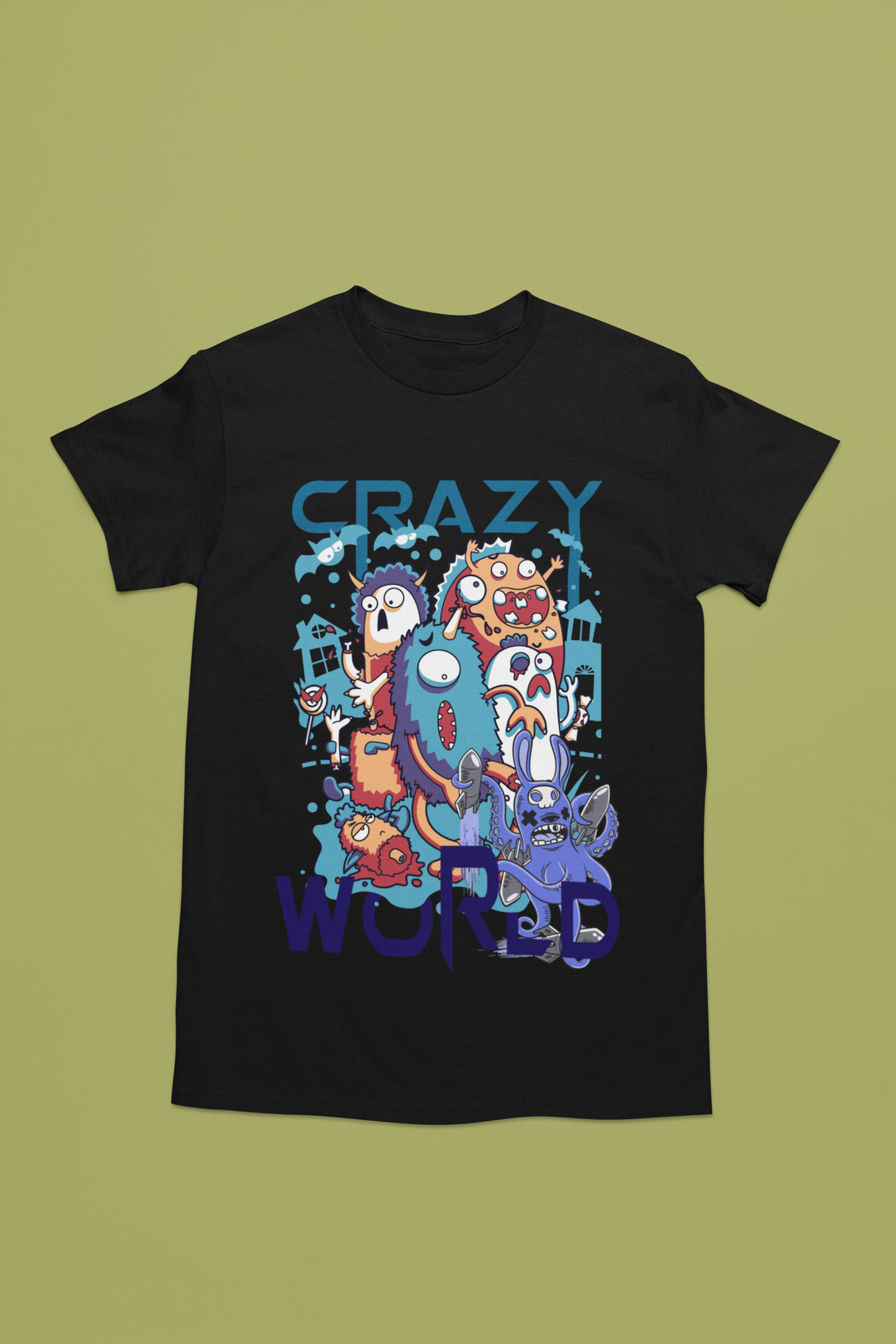 A black t-shirt with quirky and endearing cartoon character with exaggerated features, like oversized eyes and a big smile