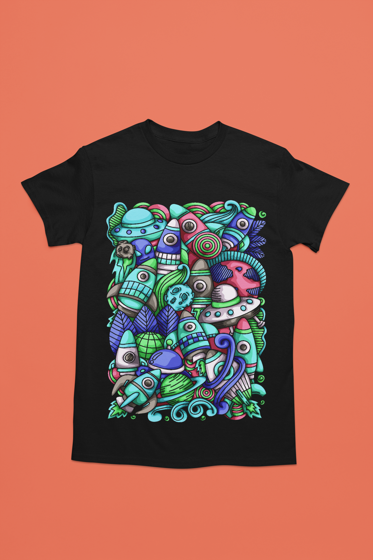 Colorful alien rocket printed on black t-shirt.