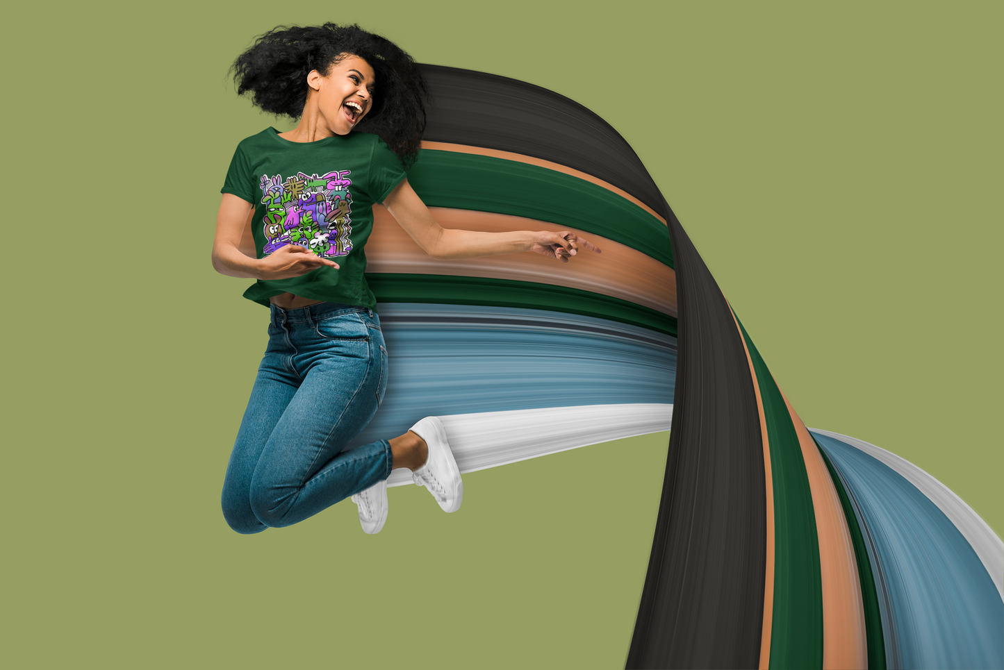 A women is jumping with happiness wearing a forest green t-shirt with grinning, wide-eyed cartoon character with a silly expression and bright, vibrant colors.