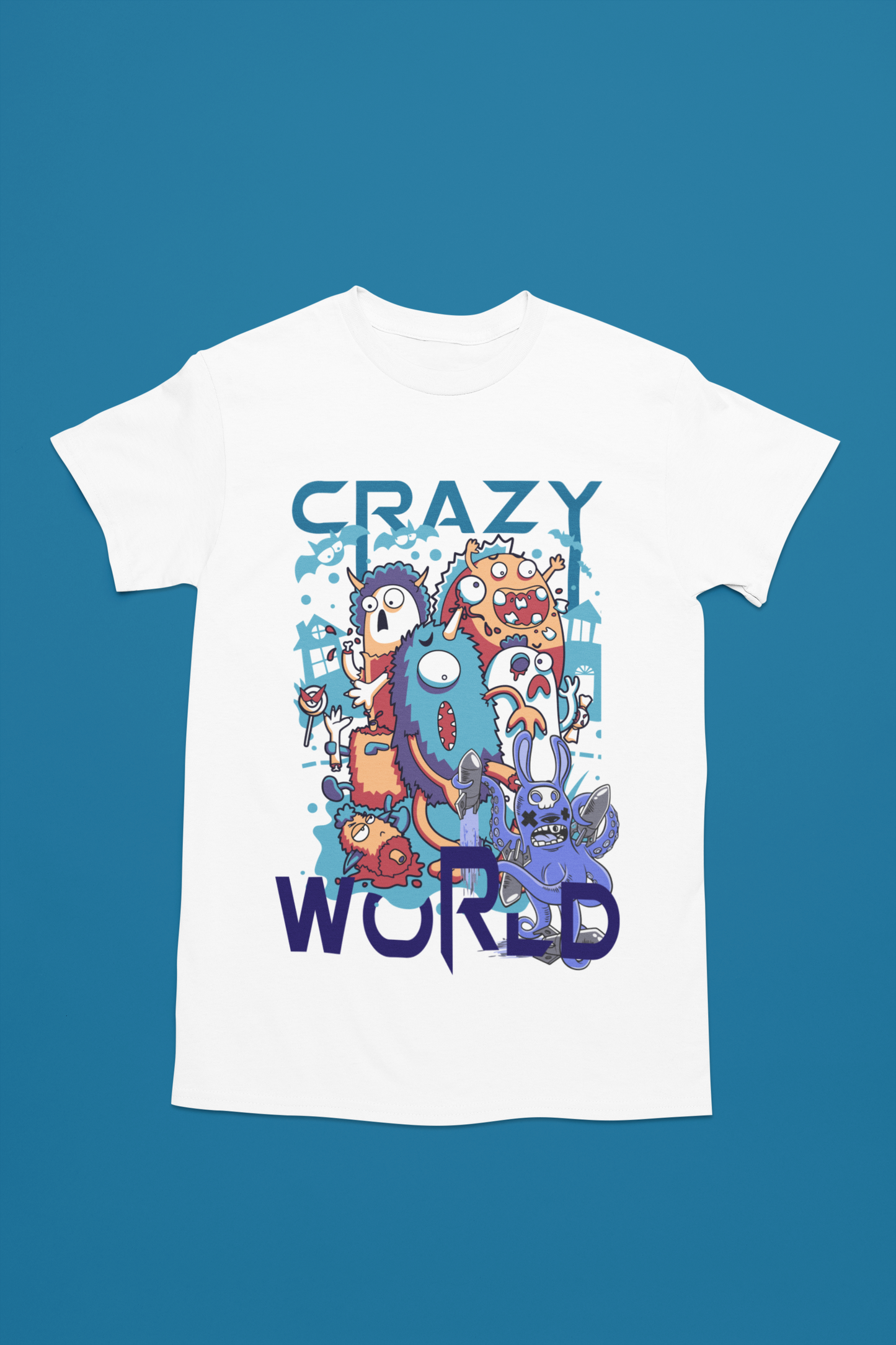 A white t-shirt with quirky and endearing cartoon character with exaggerated features, like oversized eyes and a big smile