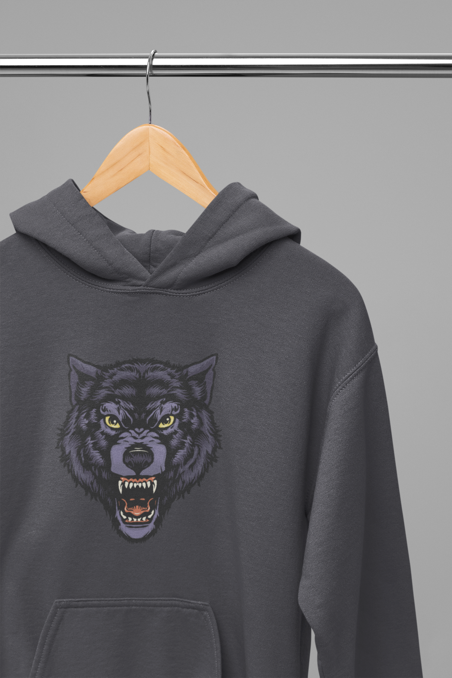 A charcoal hoodie featuring blood-stained bear with sinister, glowing eyes and sharp, menacing teethes.