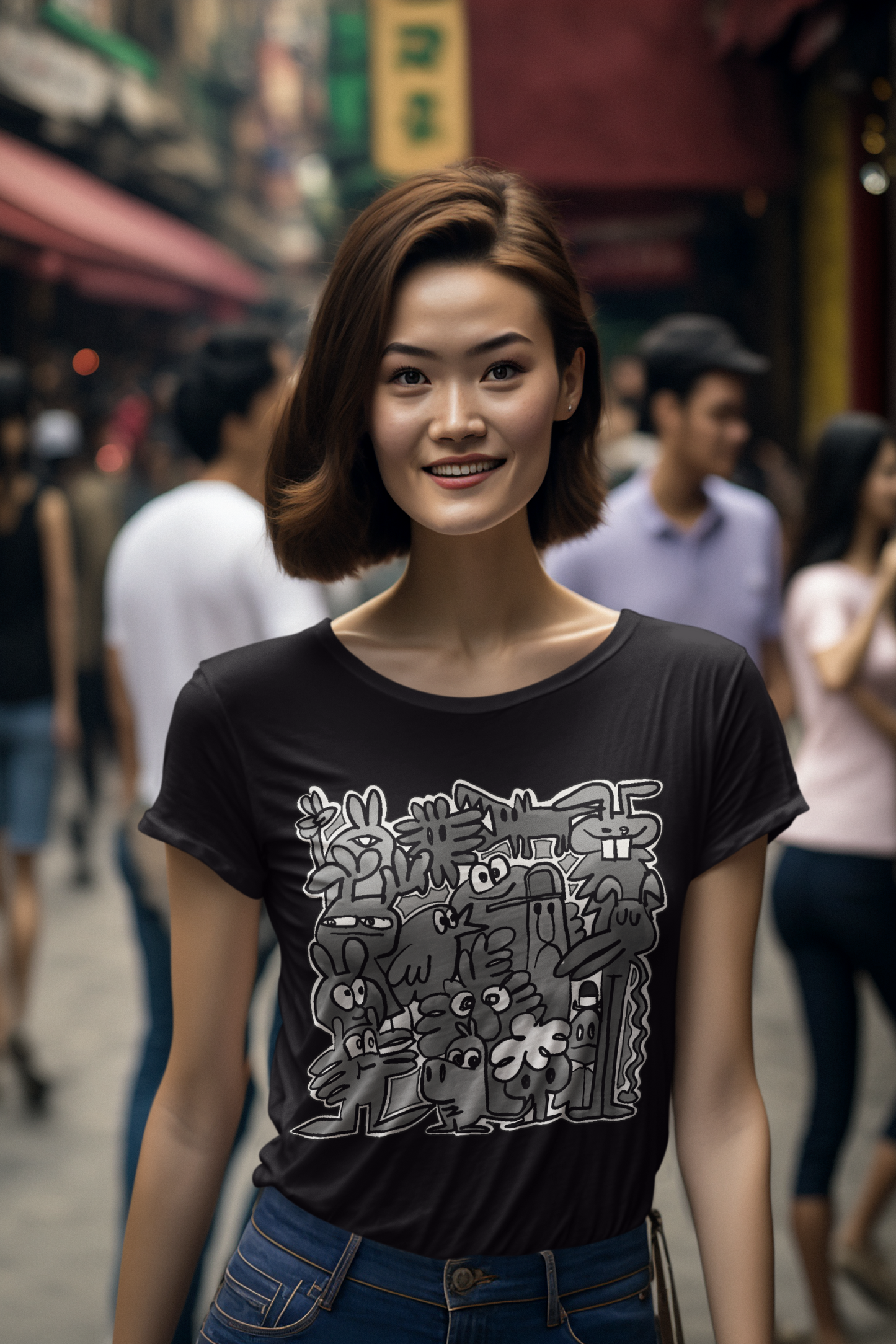 A happy women wearing a black t-shirt with grayscale cartoon figure exuding a sense of sadness and confusion in their facial features