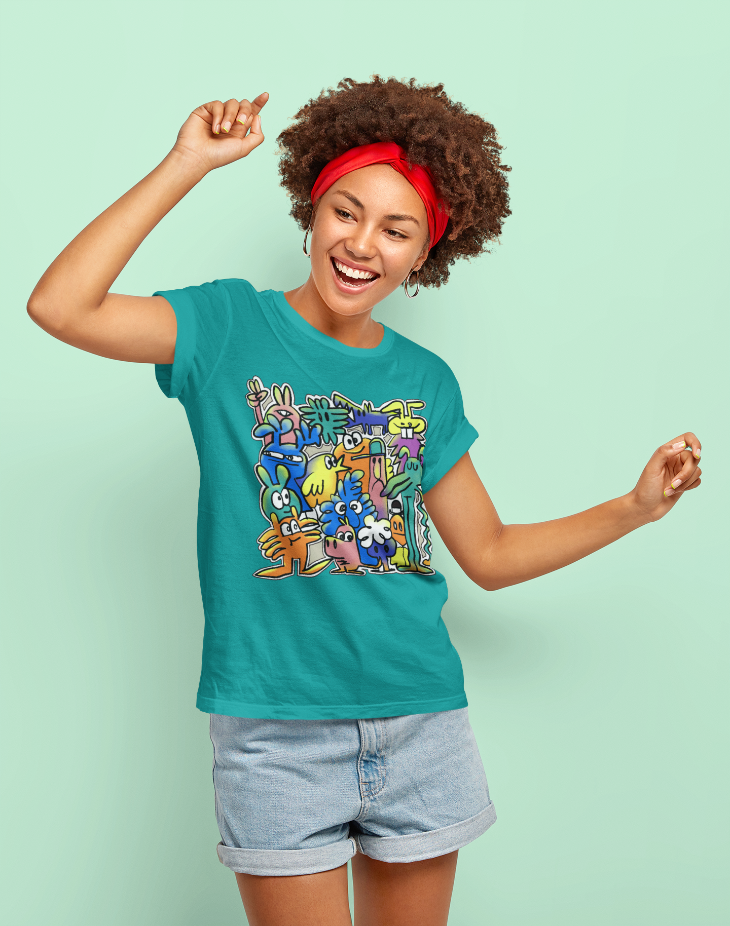 A dancing women wearing a teal t-shirt with grinning, wide-eyed cartoon character with a silly expression and bright, vibrant colors.