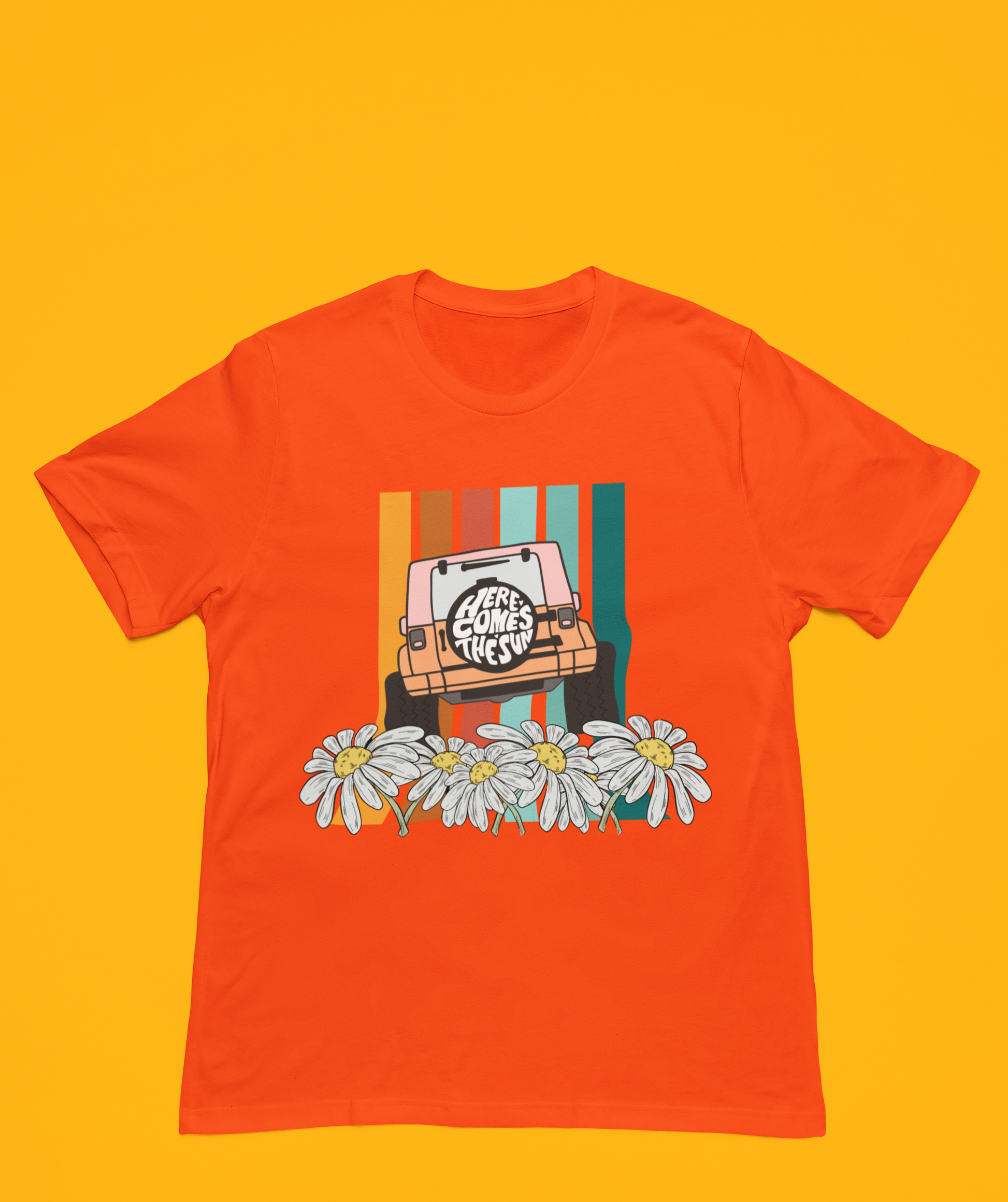 A orange t-shirt with a vibrant, retro-style floral pattern in shades of red, mustard, and green