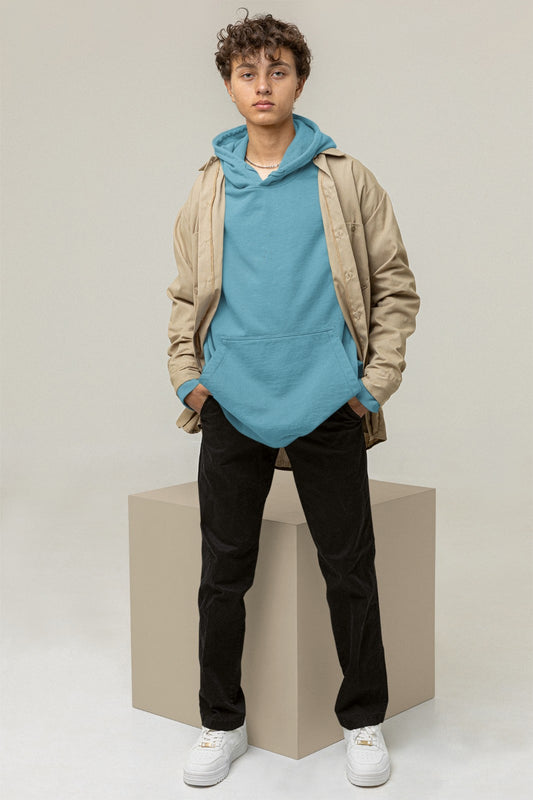 A blue mist color hoodie crafted with the finest materials for ultimate comfort and style.