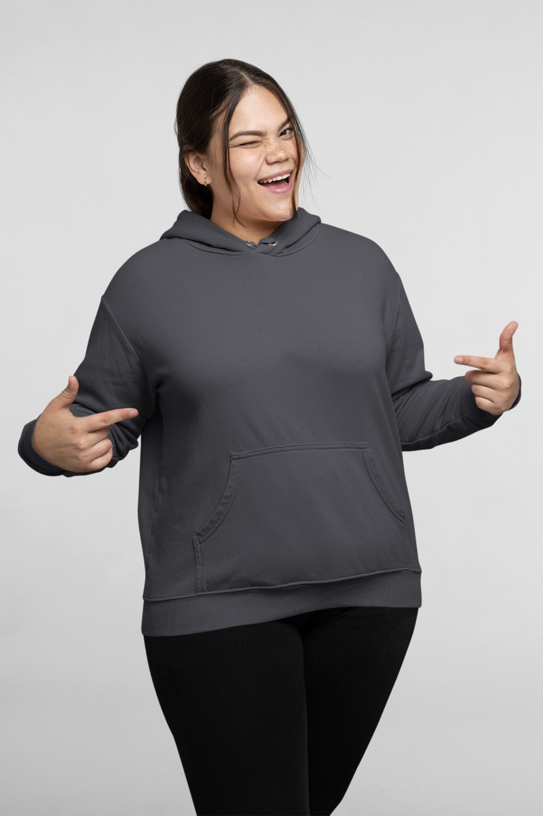 A charcoal heather color comfortable and stylish pullover hoodie designed for women.