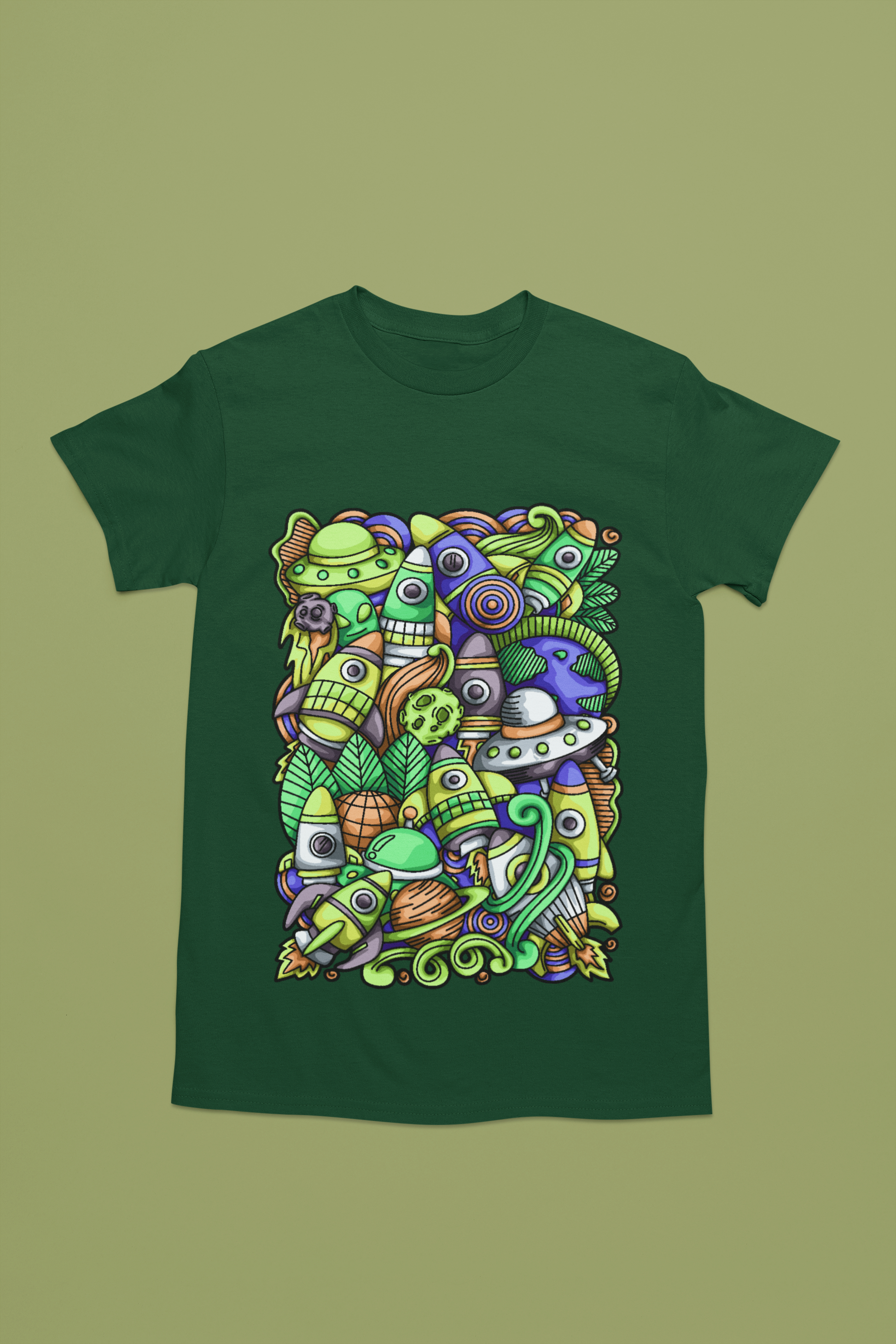 Colorful alien rocket printed on green t-shirt.