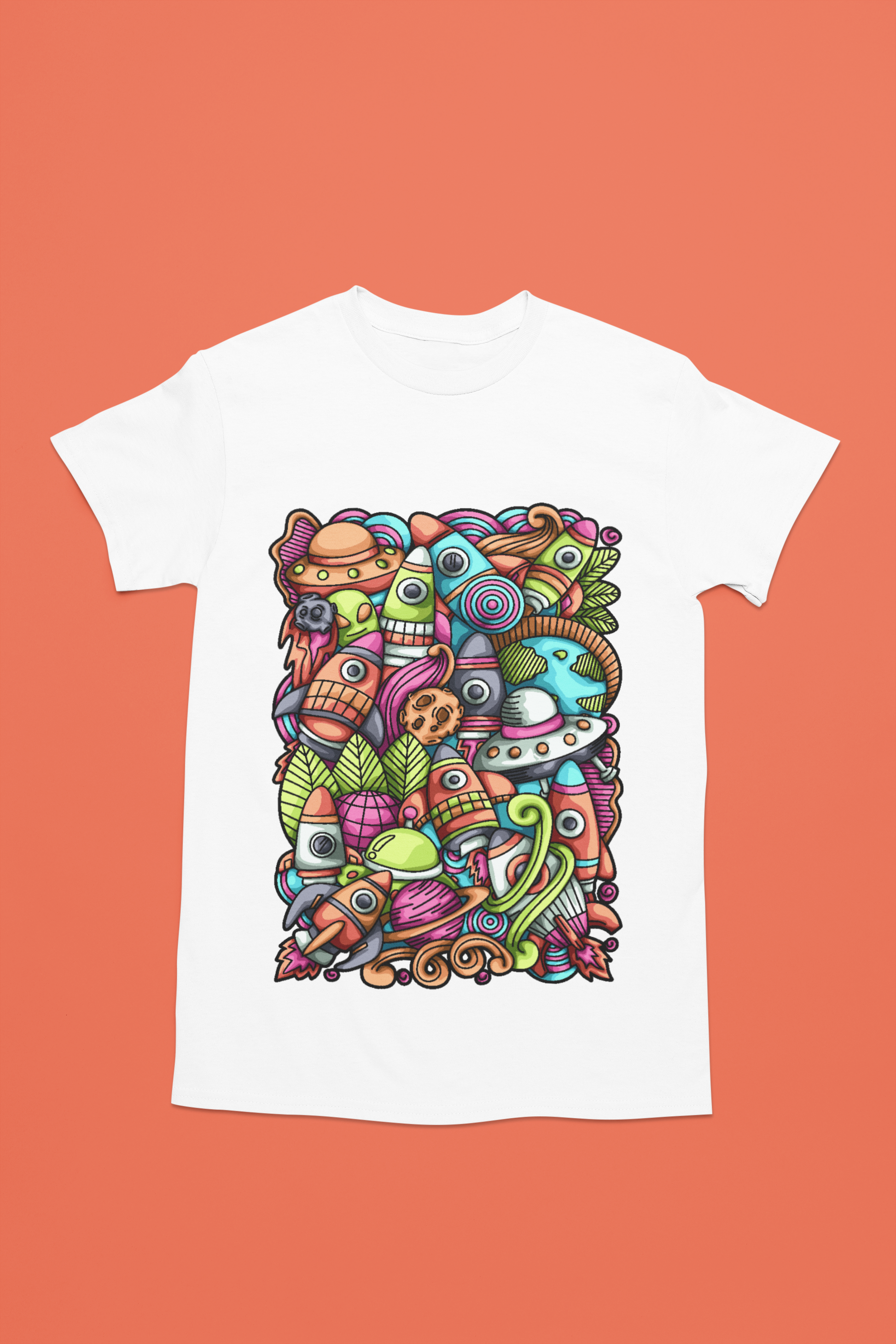 Colorful alien rocket printed on white t-shirt.