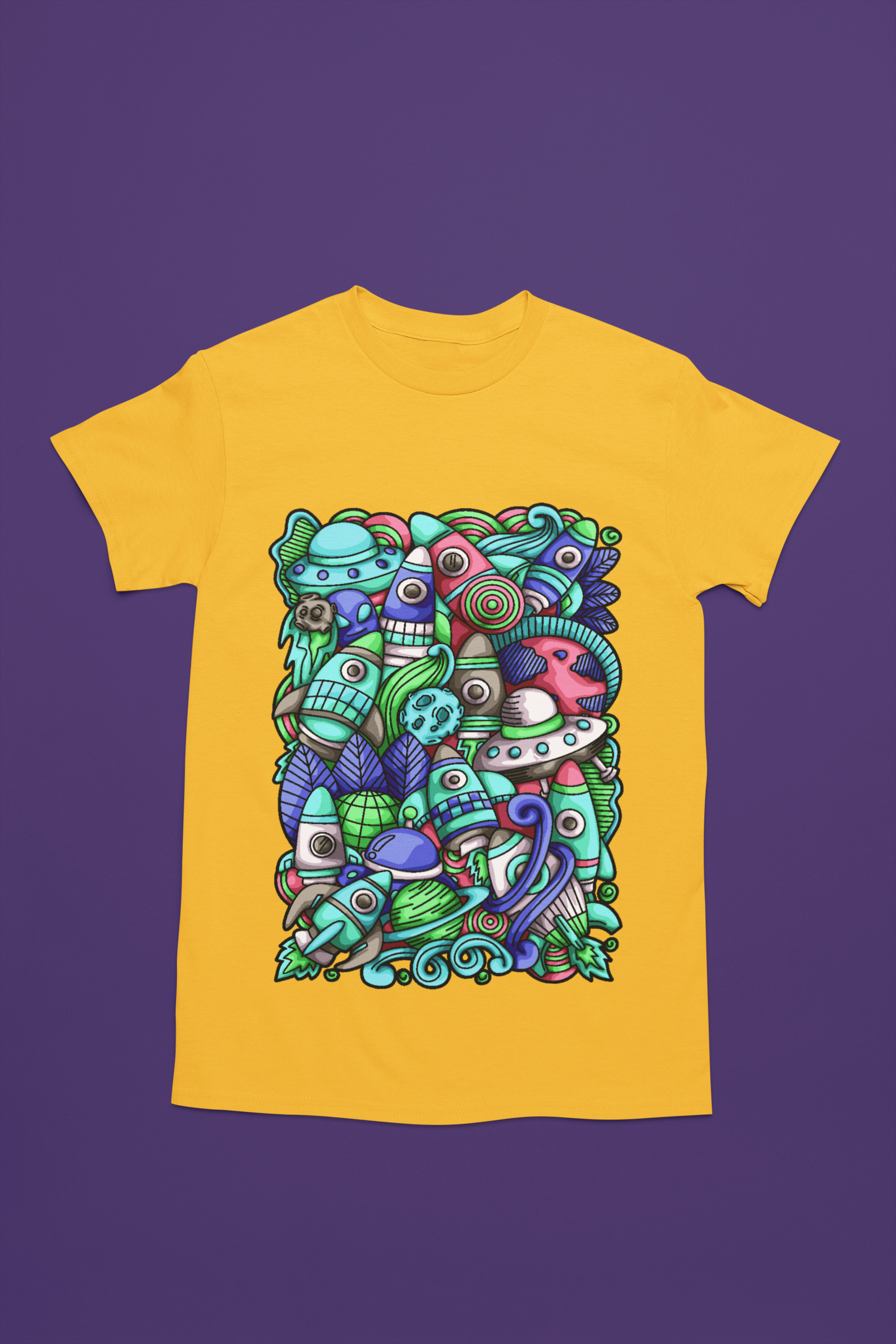 Colorful alien rocket printed on mustard t-shirt.
