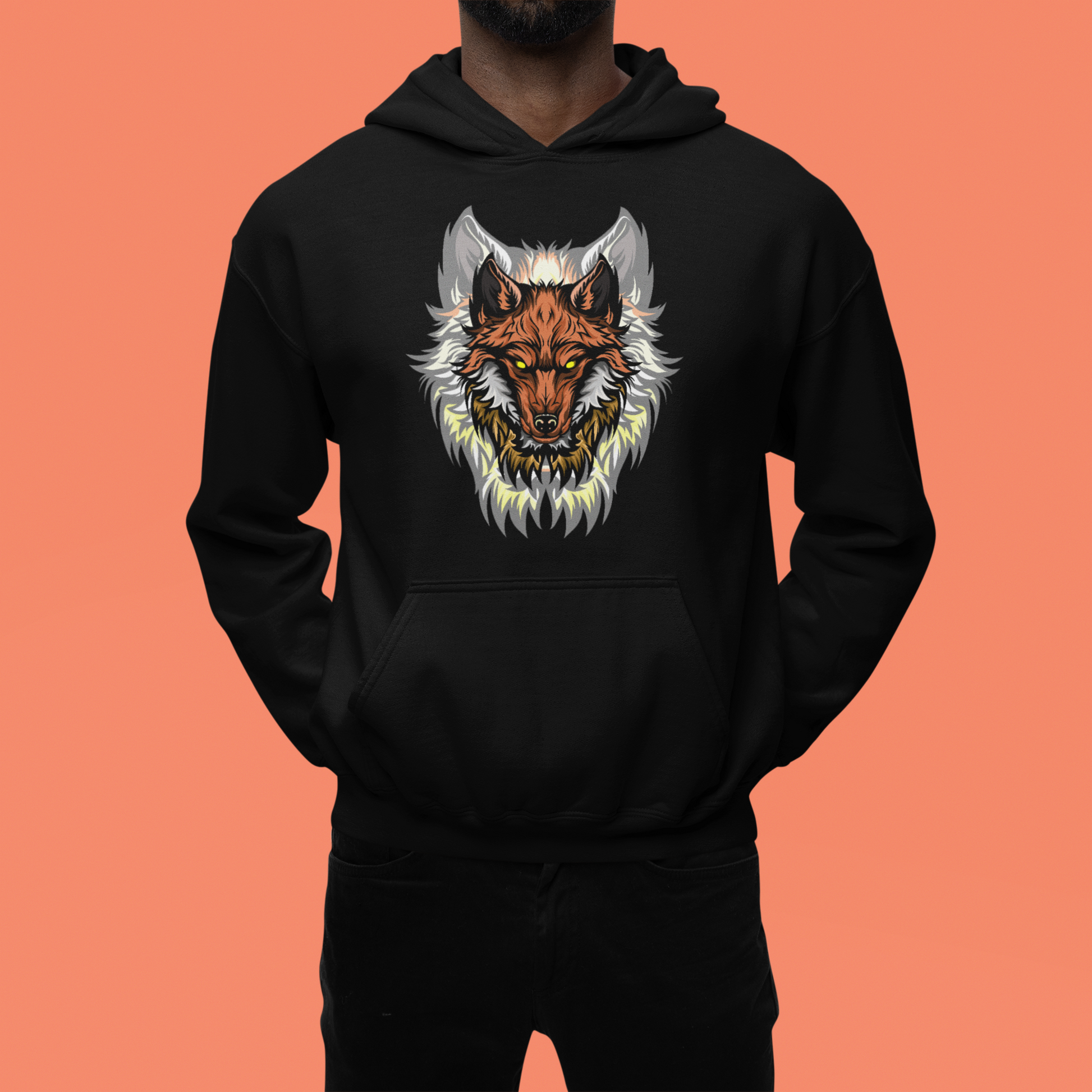 A men wearing a black hoodie with captivating scene of a wolf howling amidst swirling flames, evoking a sense of primal energy.