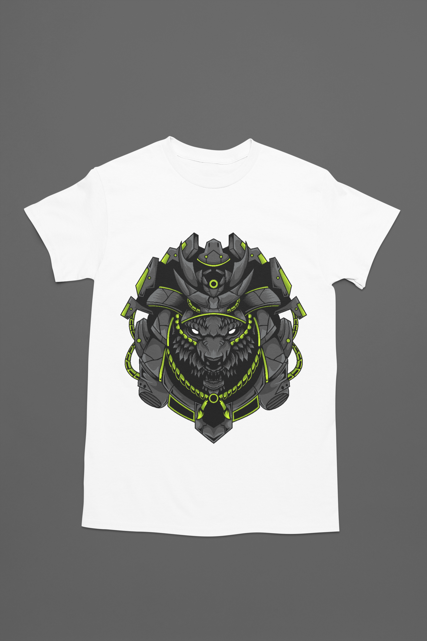 A white color spine-chilling tee with a horrifying wolf donning a robotic crown for an edgy look.