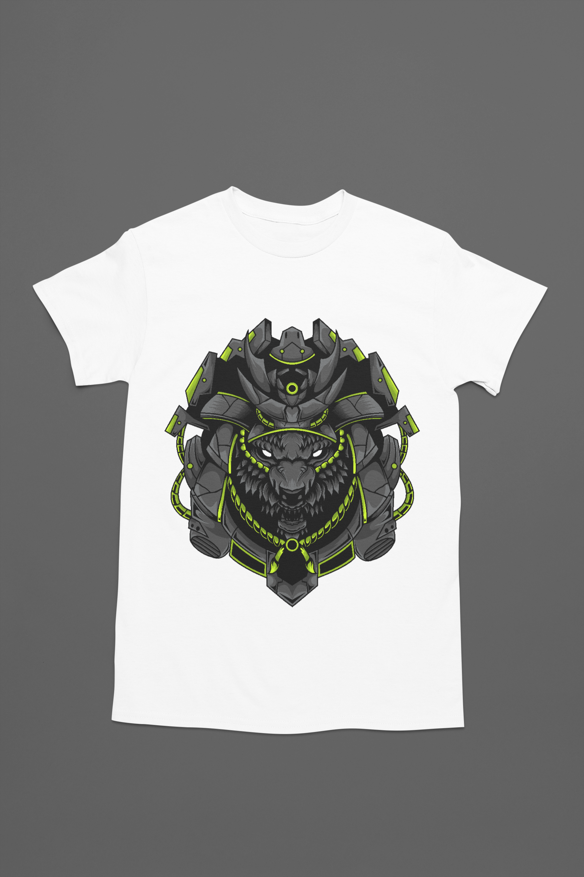 A white color spine-chilling tee with a horrifying wolf donning a robotic crown for an edgy look.