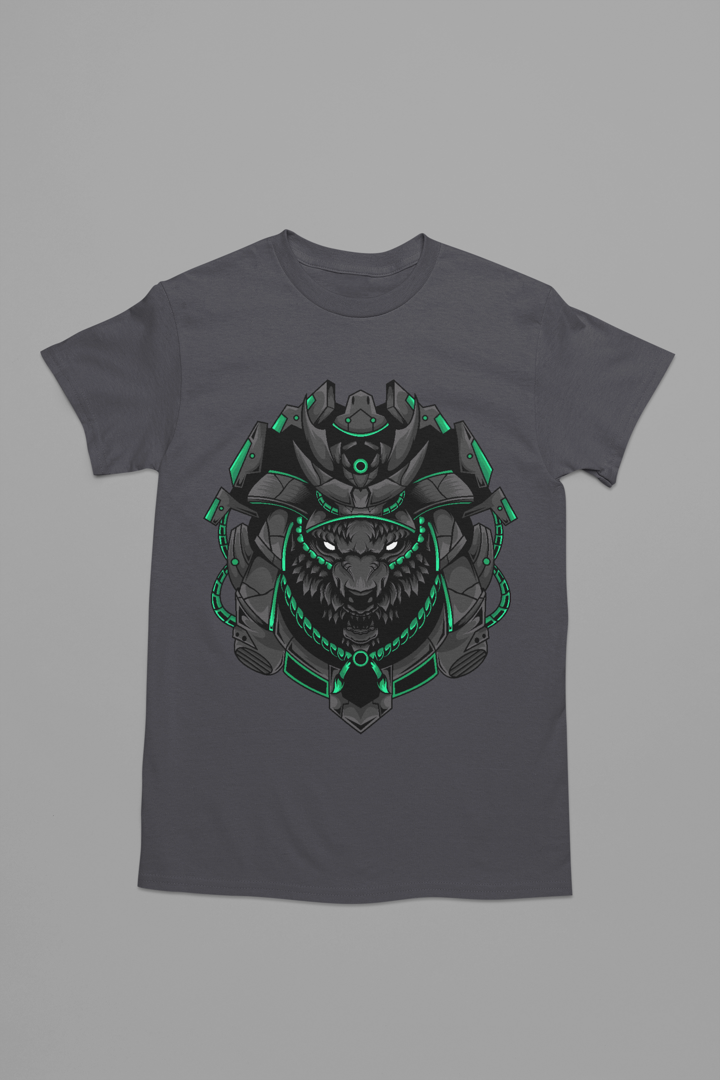A charcoal color spine-chilling tee with a horrifying wolf donning a robotic crown for an edgy look.