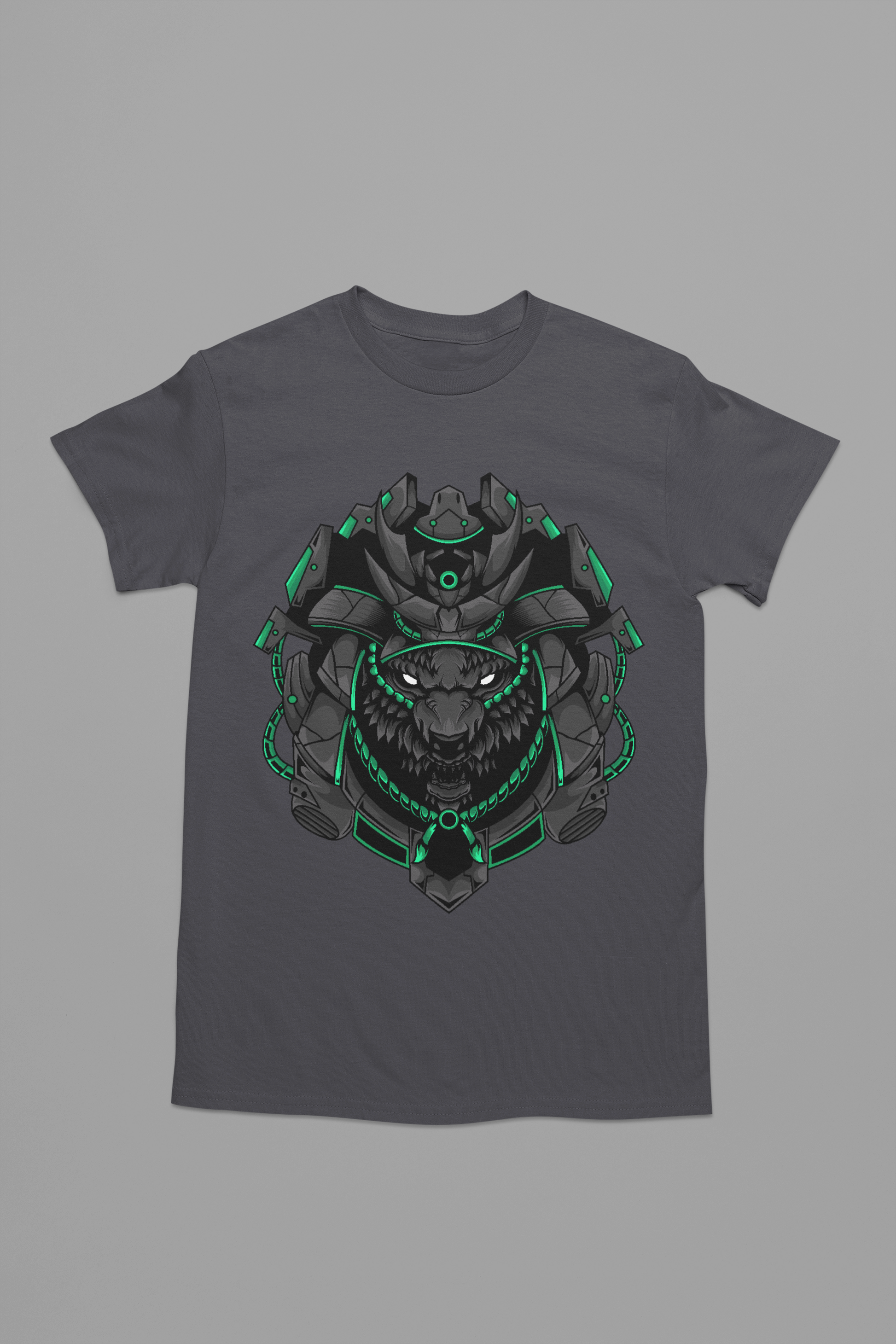 A charcoal color spine-chilling tee with a horrifying wolf donning a robotic crown for an edgy look.